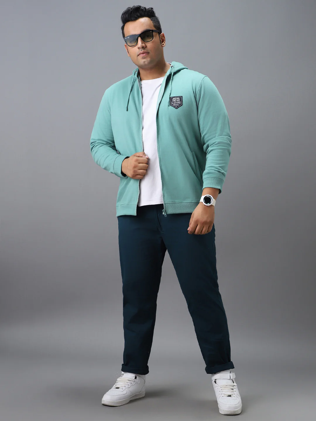Plus Men's Green Cotton Solid Zippered Hooded Neck Sweatshirt - Image 4