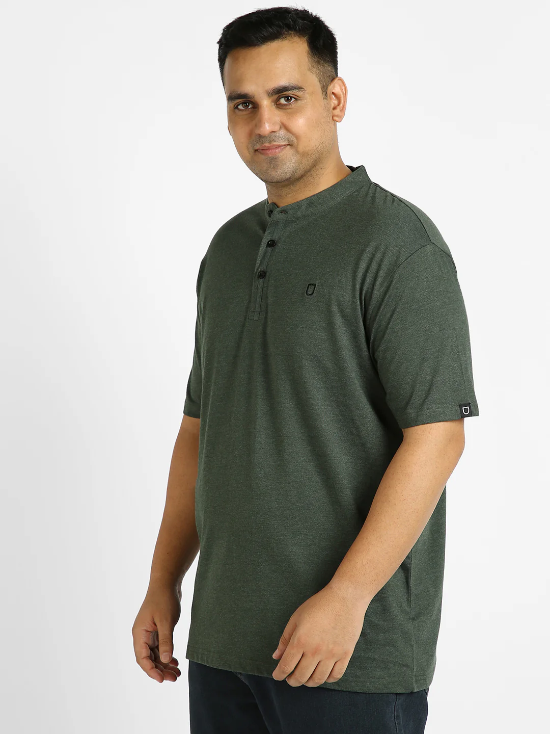 Plus Men's Green Melange Solid Mandarin Collar Regular Fit Half Sleeve Cotton T-Shirt - Image 3