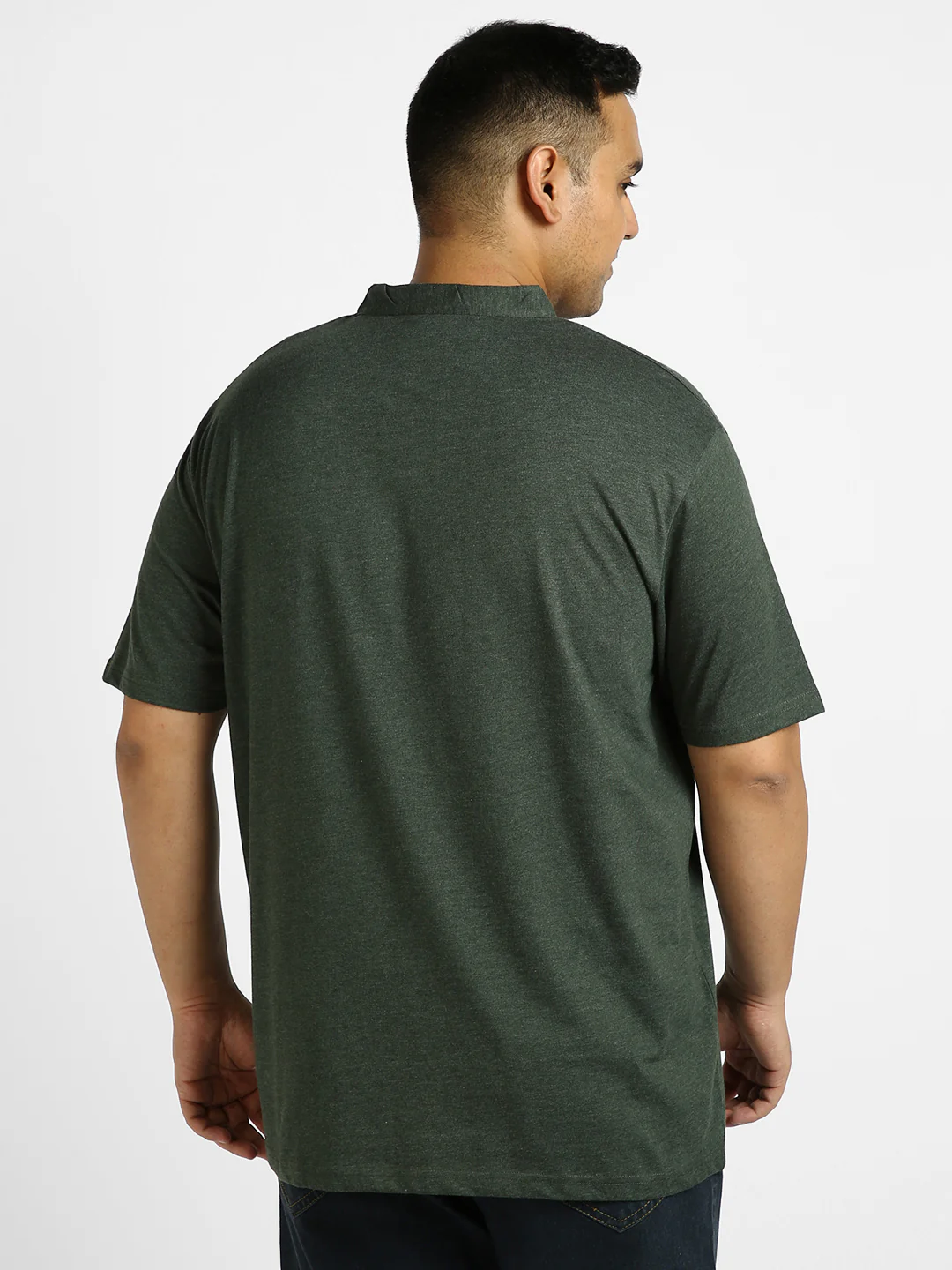 Plus Men's Green Melange Solid Mandarin Collar Regular Fit Half Sleeve Cotton T-Shirt - Image 4