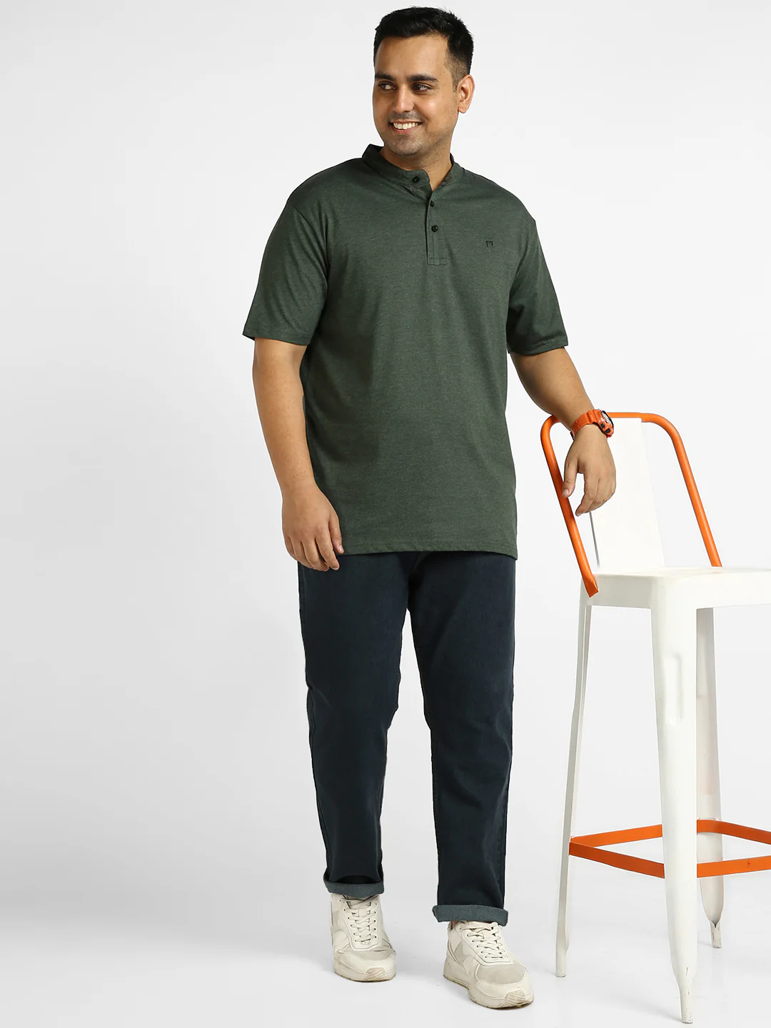 Plus Men's Green Melange Solid Mandarin Collar Regular Fit Half Sleeve Cotton T-Shirt - Image 5