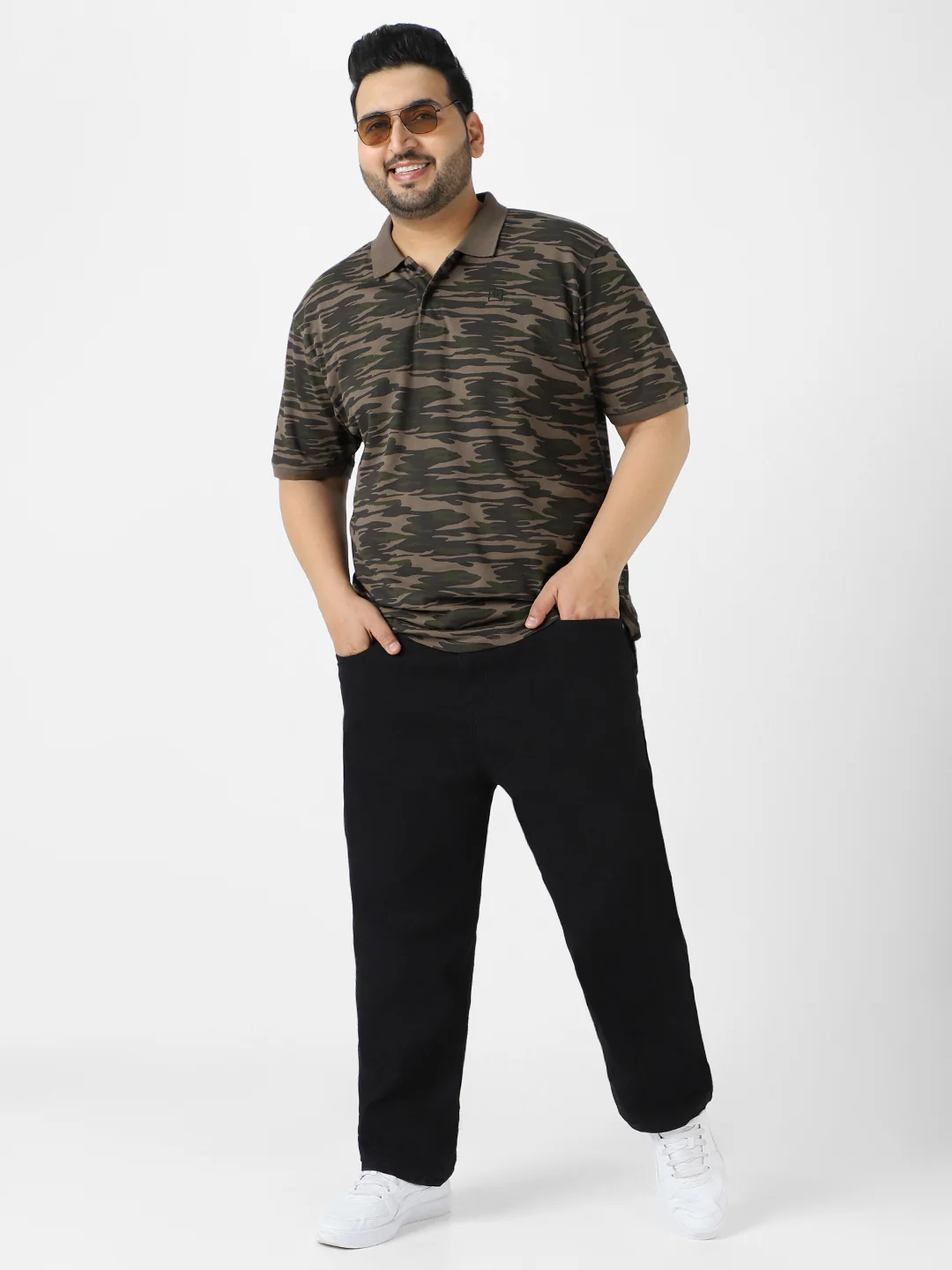 Plus Men's Green Military Camouflage Printed Regular Fit Cotton Polo T-Shirt - Image 4