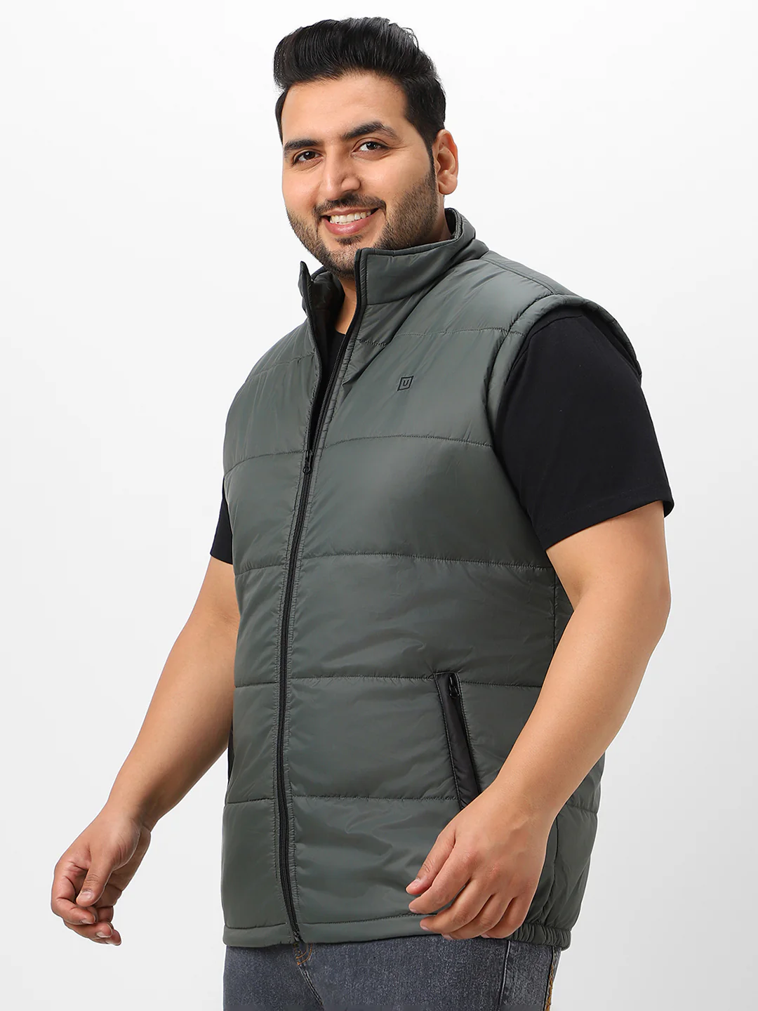 Plus Men's Green Sleeveless Zippered Puffer Jacket - Image 2
