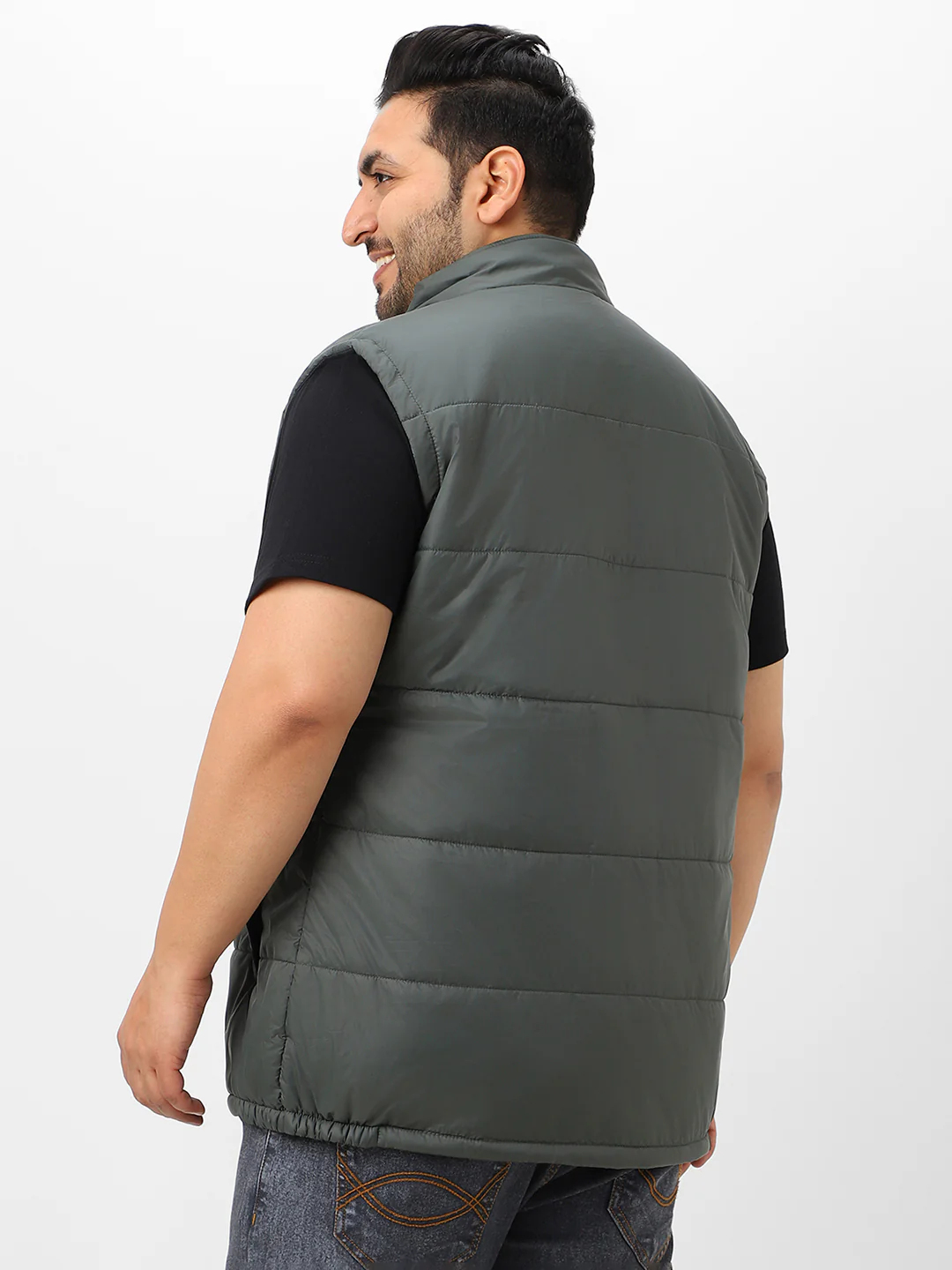 Plus Men's Green Sleeveless Zippered Puffer Jacket - Image 3