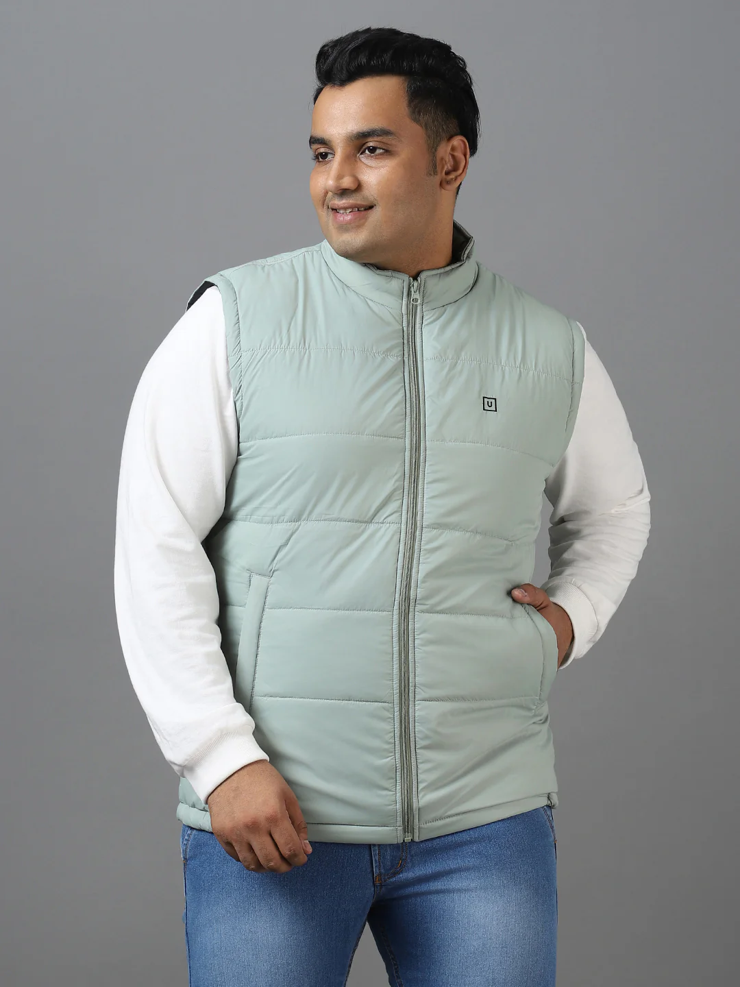 Plus Men's Green Sleeveless Zippered Puffer Jacket - Image 2