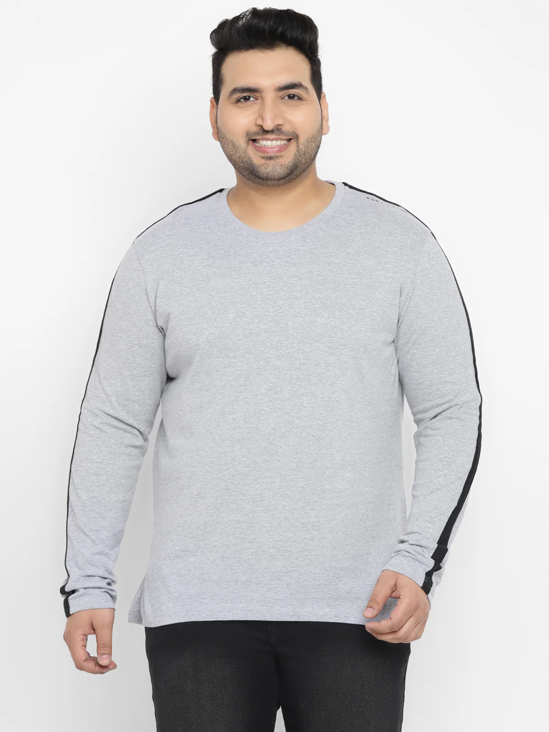 Plus Men's Grey Color-Block Regular Fit Full Sleeve Cotton T-Shirt - Image 2