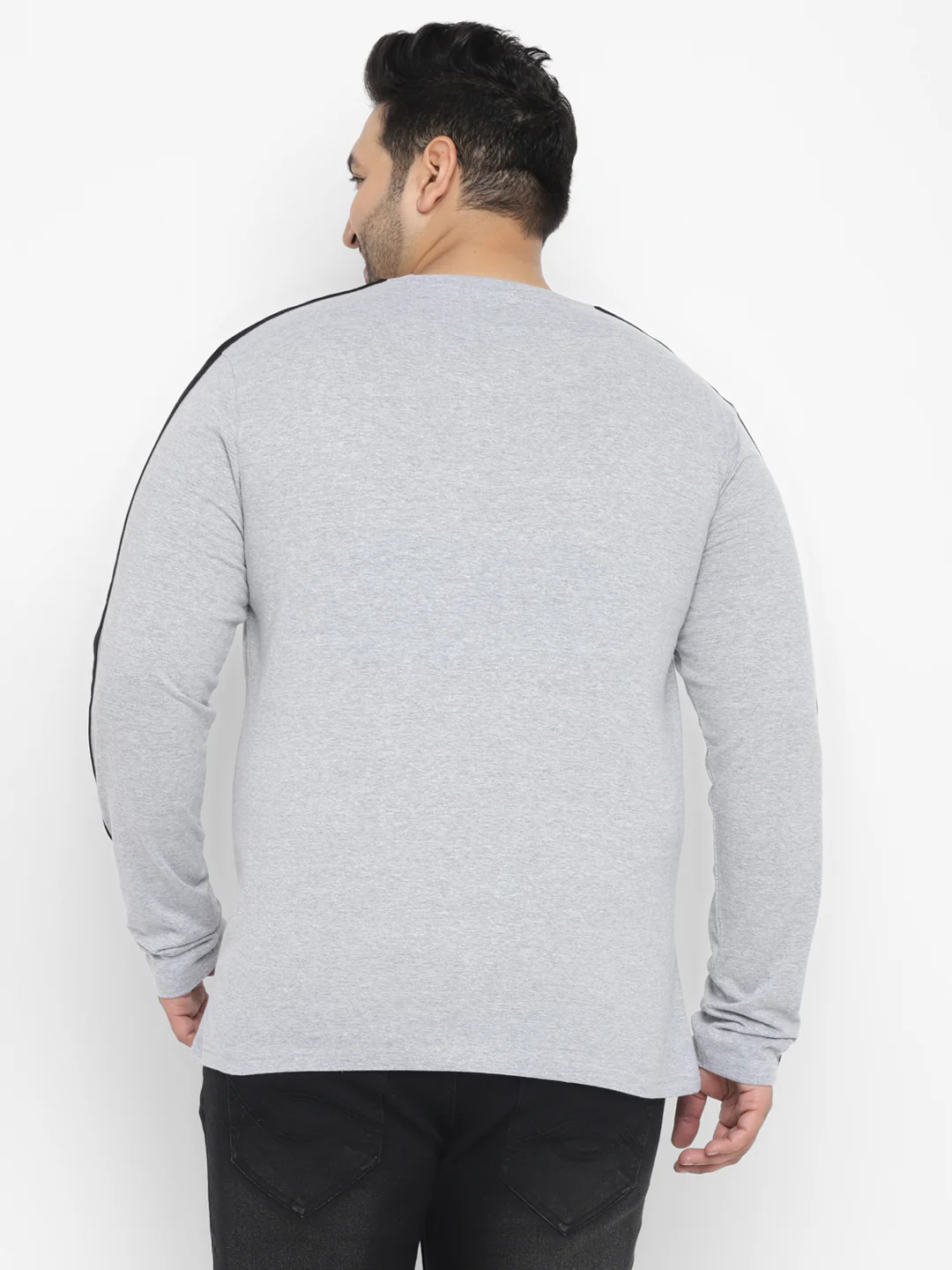Plus Men's Grey Color-Block Regular Fit Full Sleeve Cotton T-Shirt - Image 3