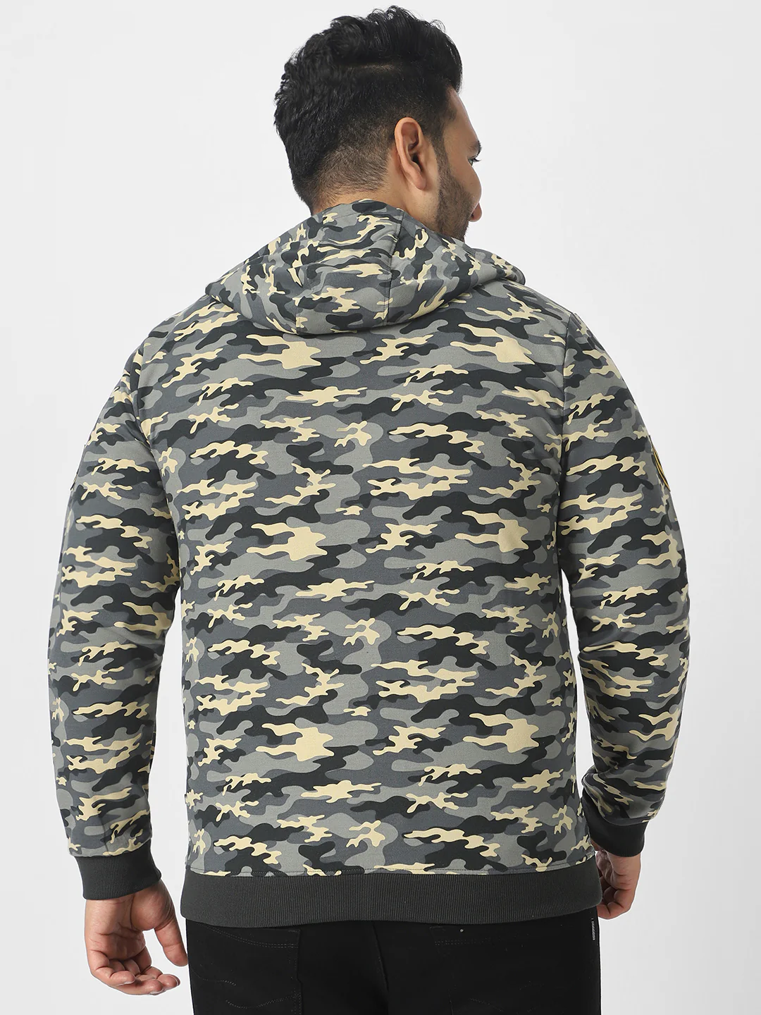 Plus Men's Grey Cotton Camouflage Printed Hooded Neck Sweatshirt - Image 3