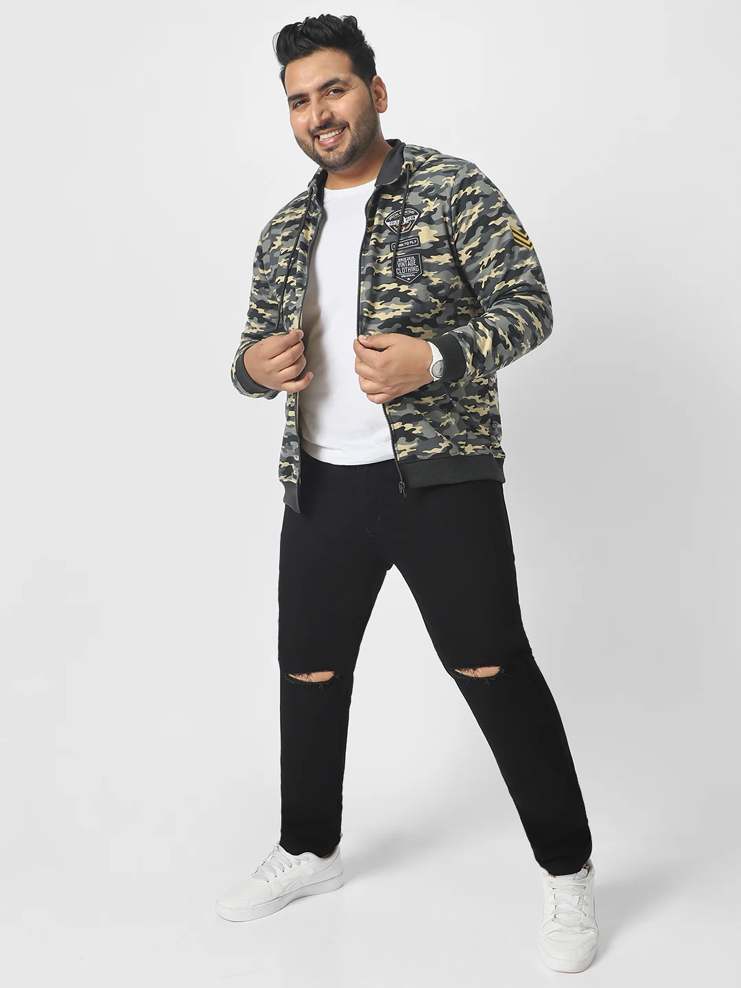 Plus Men's Grey Cotton Camouflage Printed Hooded Neck Sweatshirt - Image 4