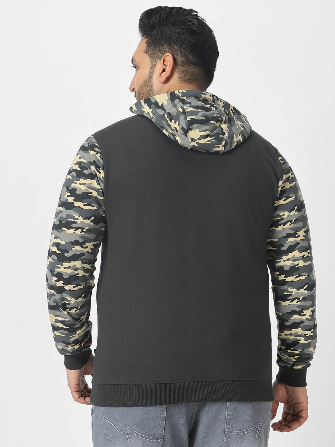 Plus Men's Grey Cotton Camouflage Printed Hooded Neck Sweatshirt - Image 3