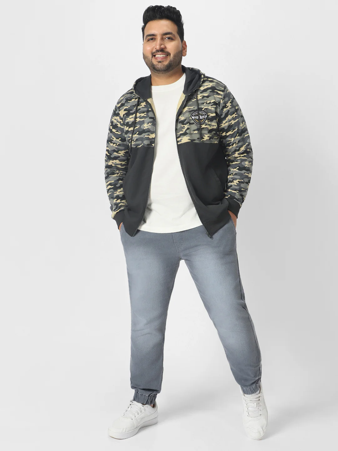 Plus Men's Grey Cotton Camouflage Printed Hooded Neck Sweatshirt - Image 4