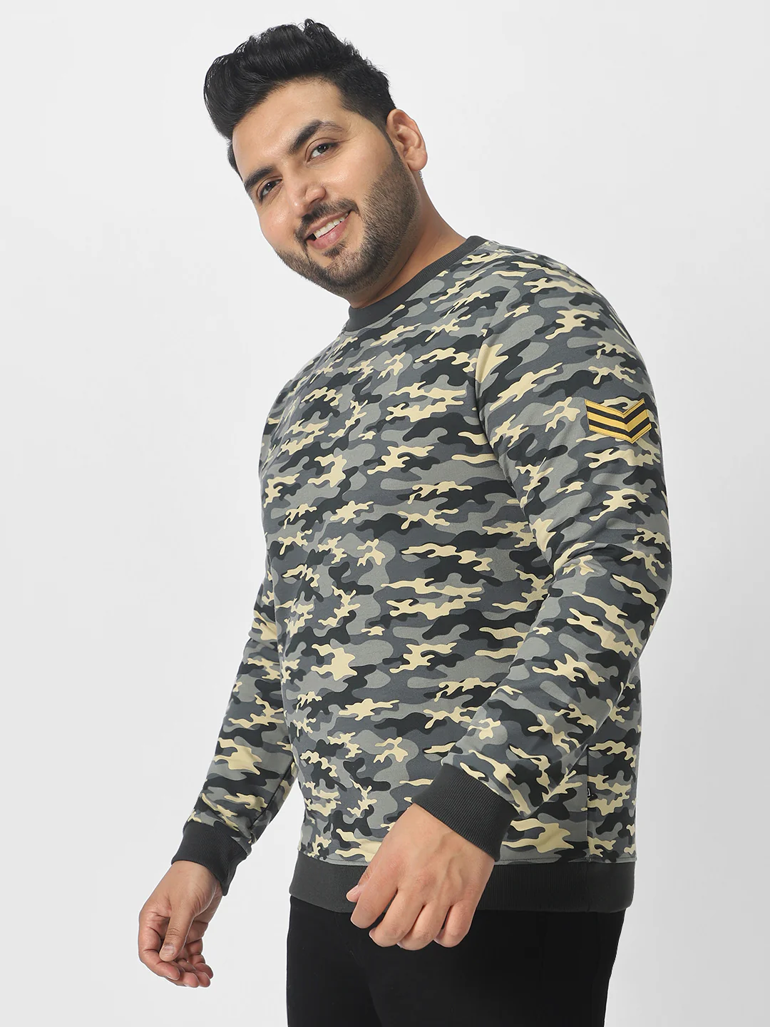 Plus Men's Grey Cotton Camouflage Printed Round Neck Sweatshirt - Image 2