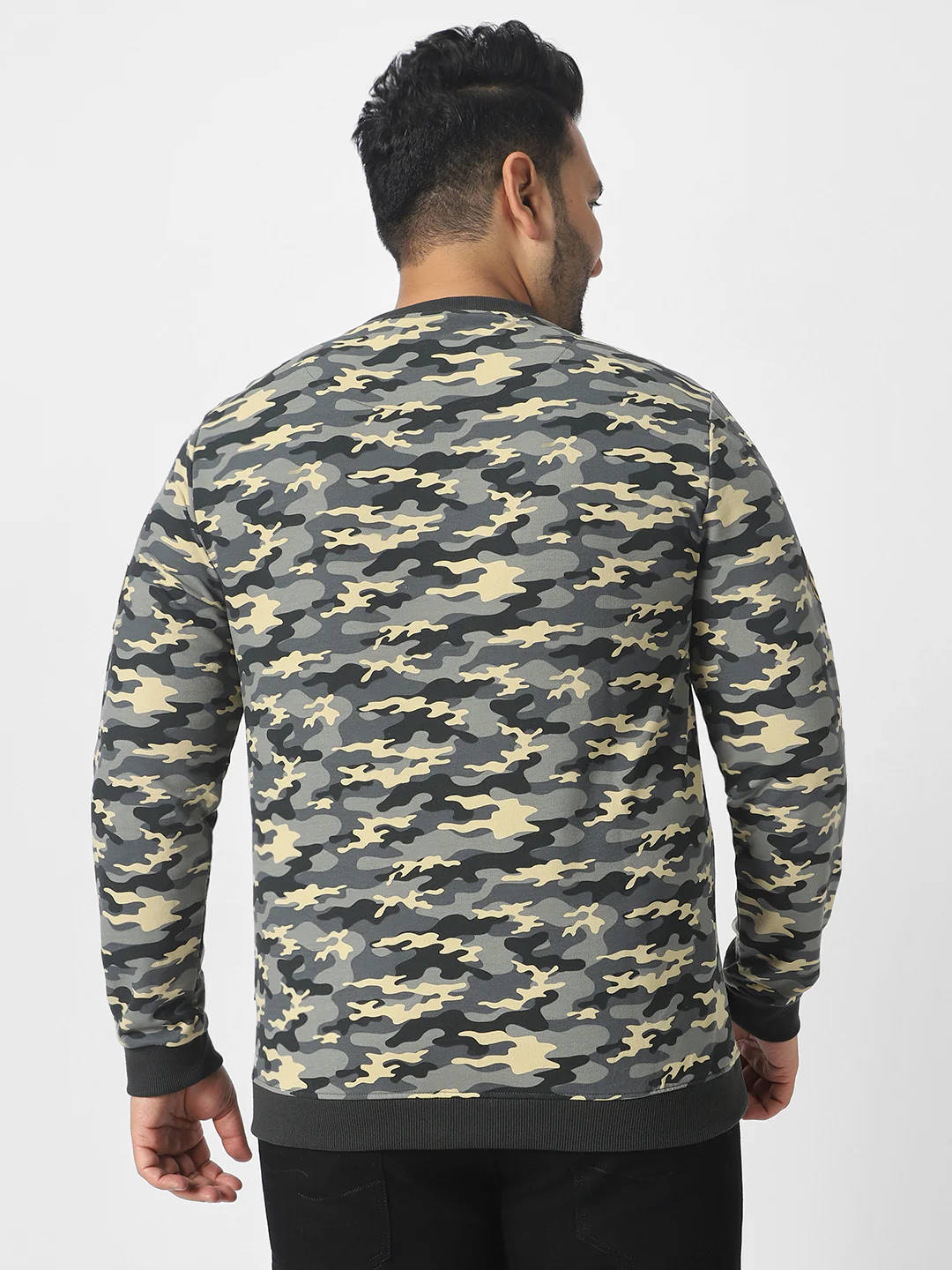 Plus Men's Grey Cotton Camouflage Printed Round Neck Sweatshirt - Image 3