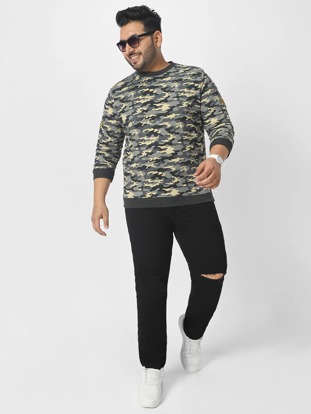Plus Men's Grey Cotton Camouflage Printed Round Neck Sweatshirt - Image 4
