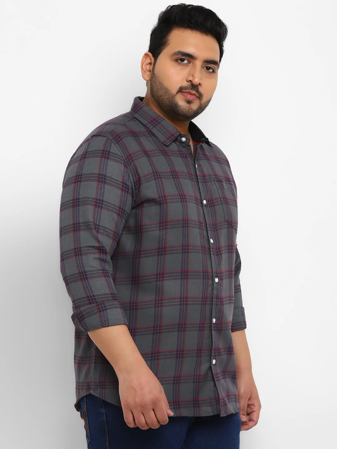 Plus Men's Grey Cotton Full Sleeve Regular Fit Casual Checkered Shirt - Image 2