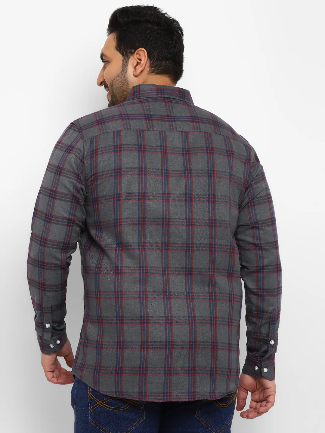 Plus Men's Grey Cotton Full Sleeve Regular Fit Casual Checkered Shirt - Image 3
