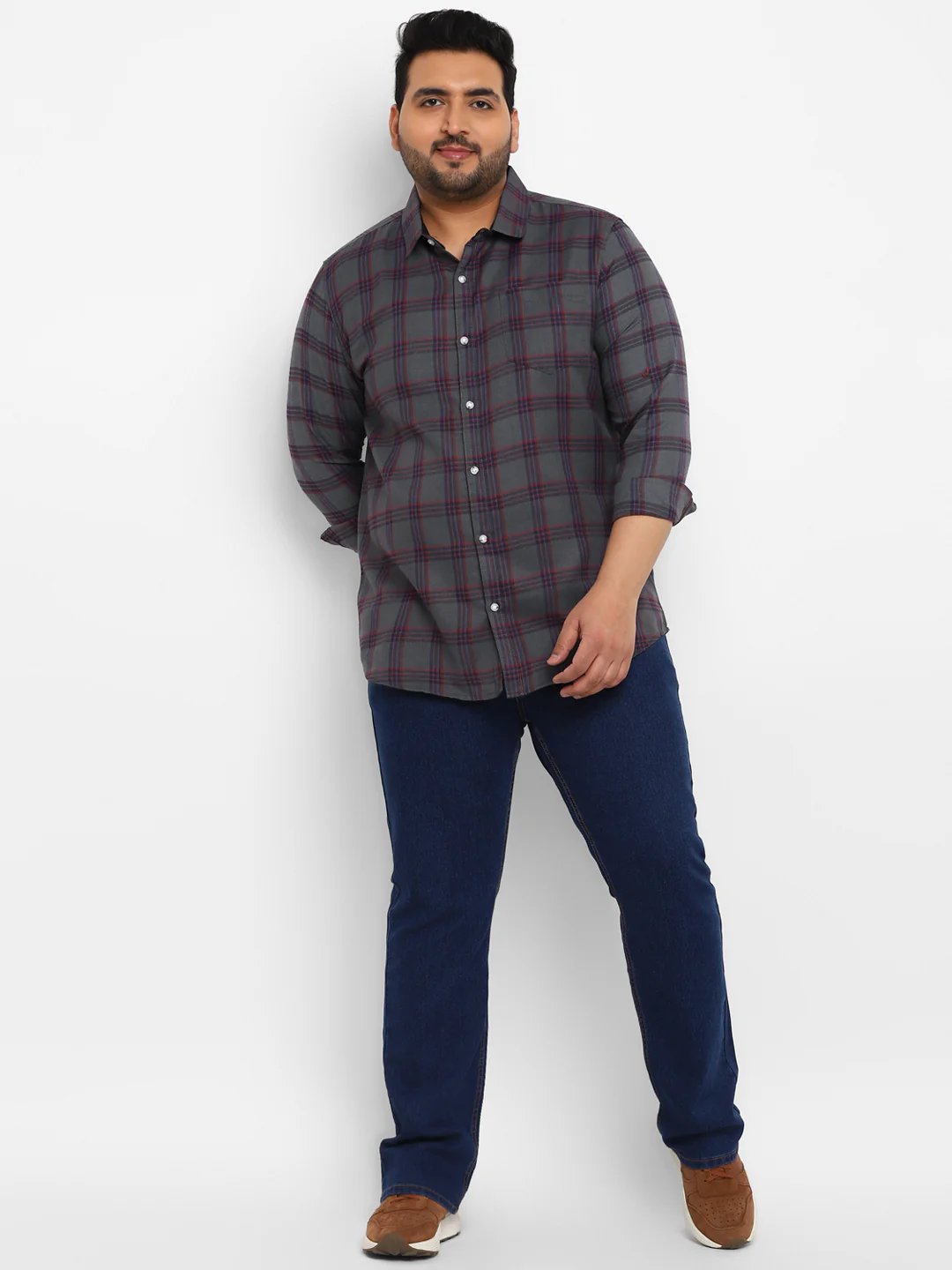Plus Men's Grey Cotton Full Sleeve Regular Fit Casual Checkered Shirt - Image 4
