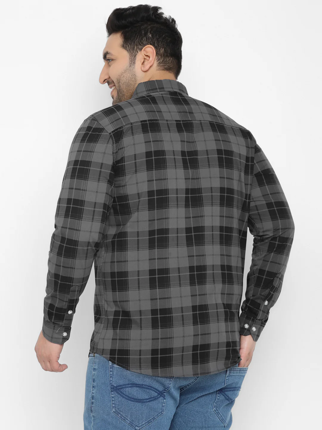 Plus Men's Grey Cotton Full Sleeve Regular Fit Casual Checkered Shirt - Image 3