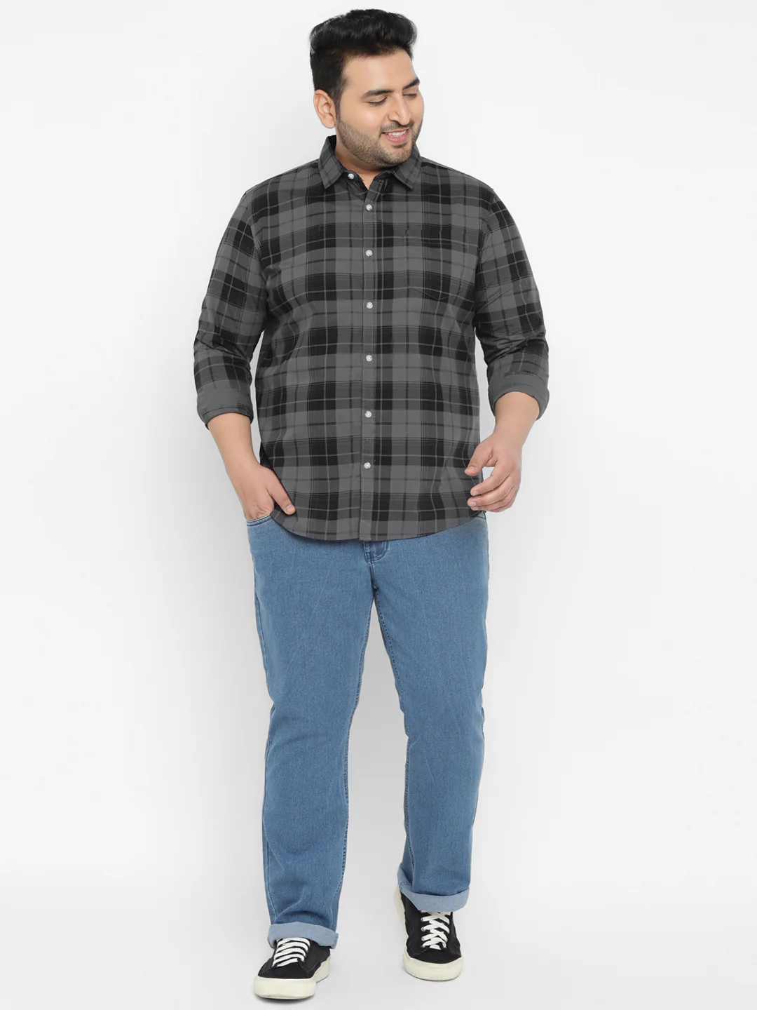 Plus Men's Grey Cotton Full Sleeve Regular Fit Casual Checkered Shirt - Image 4
