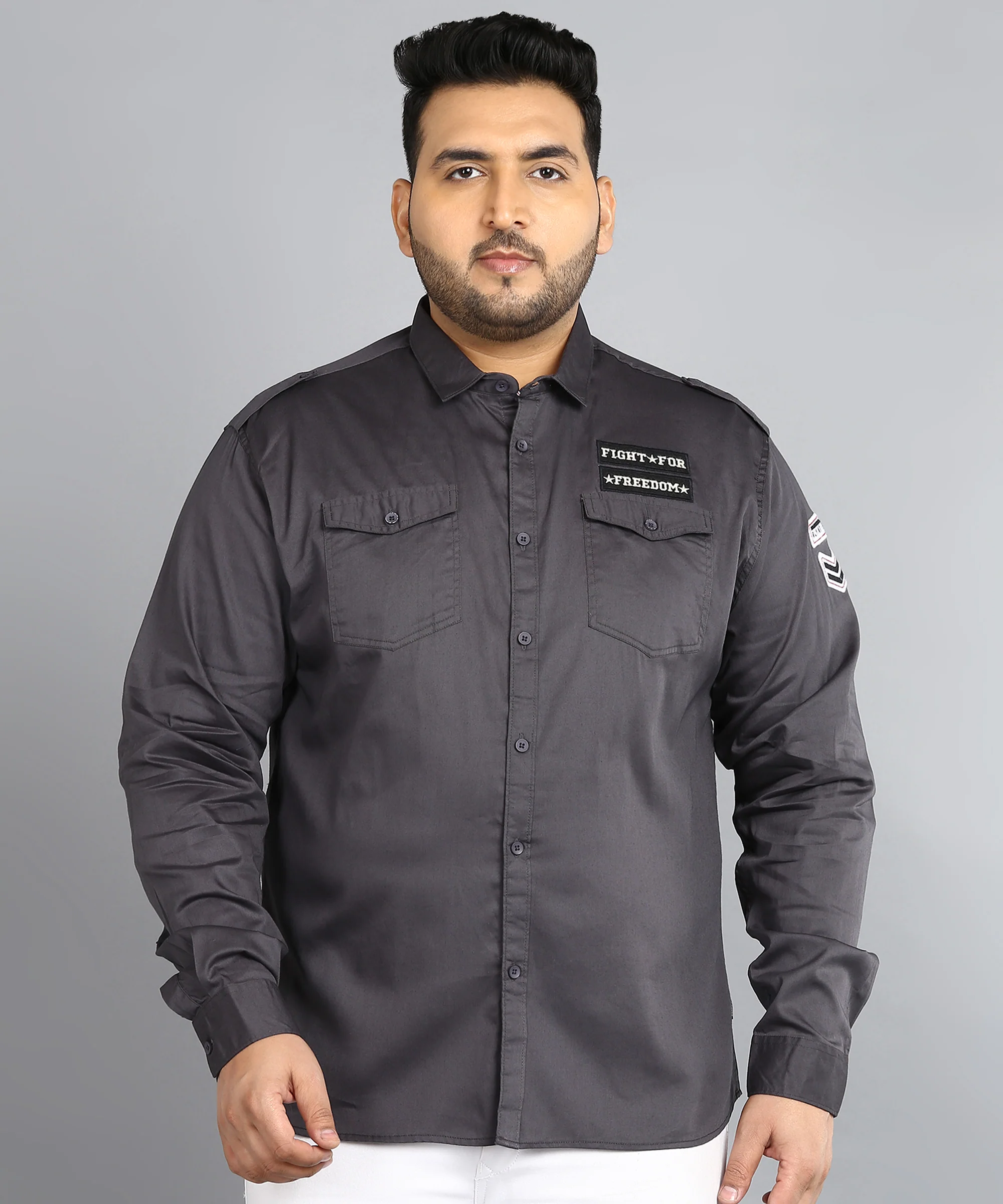 Plus Men's Grey Cotton Full Sleeve Regular Fit Casual Solid Shirt