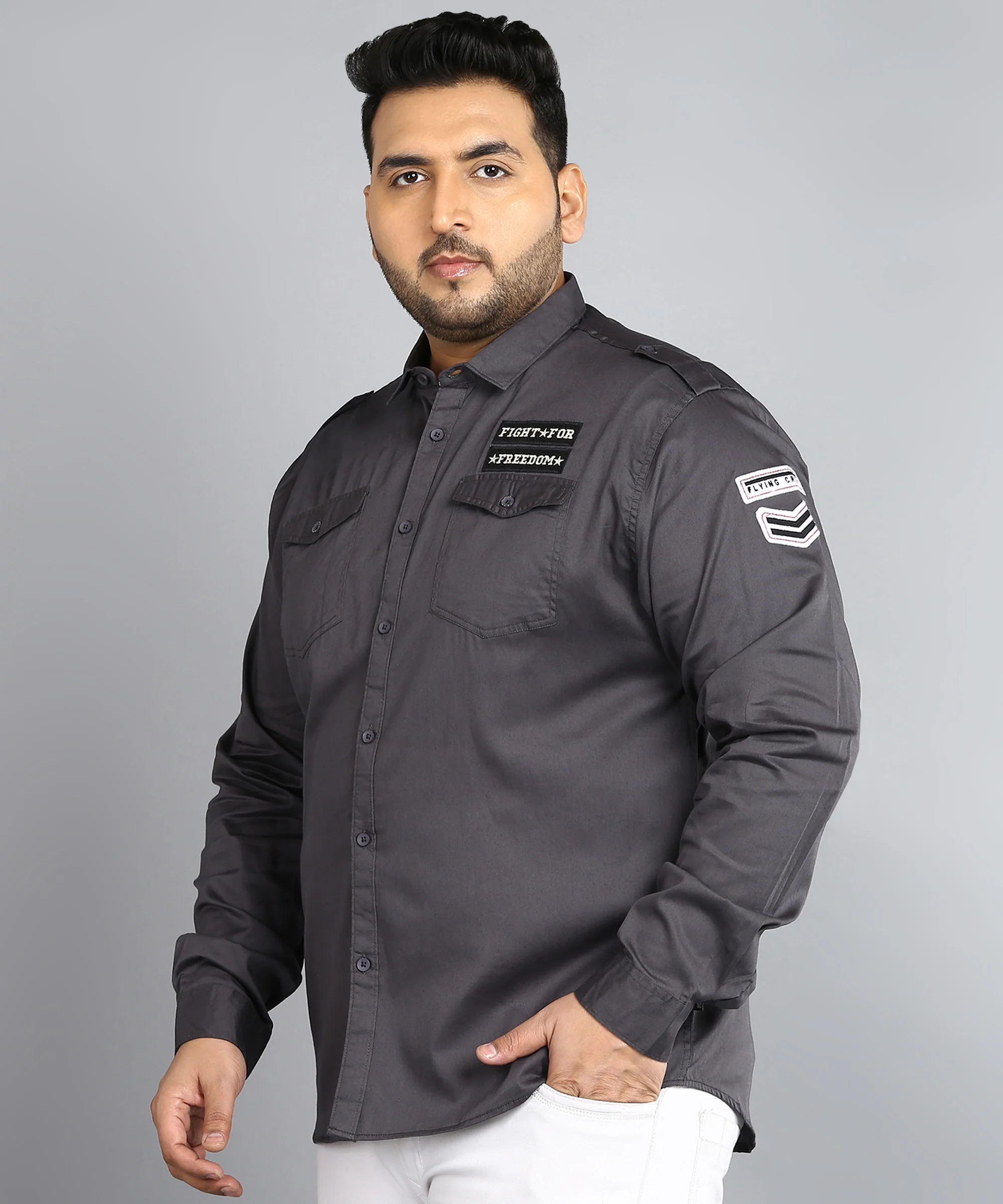 Plus Men's Grey Cotton Full Sleeve Regular Fit Casual Solid Shirt - Image 2