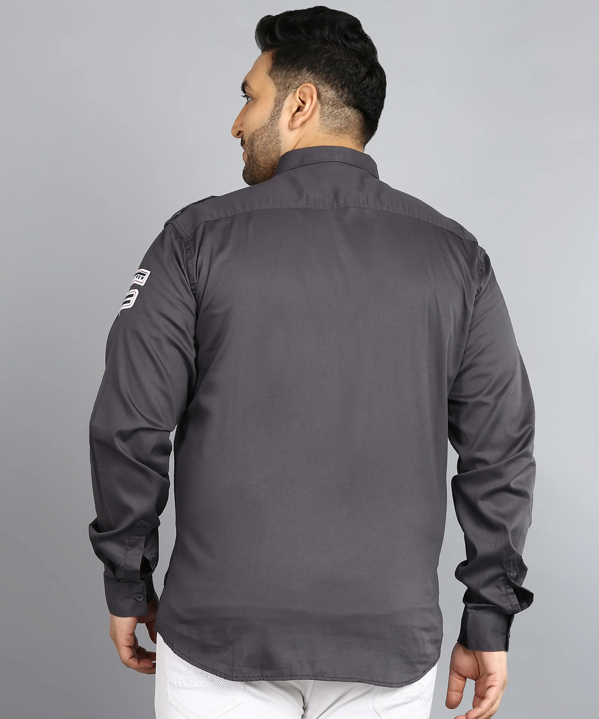 Plus Men's Grey Cotton Full Sleeve Regular Fit Casual Solid Shirt - Image 3