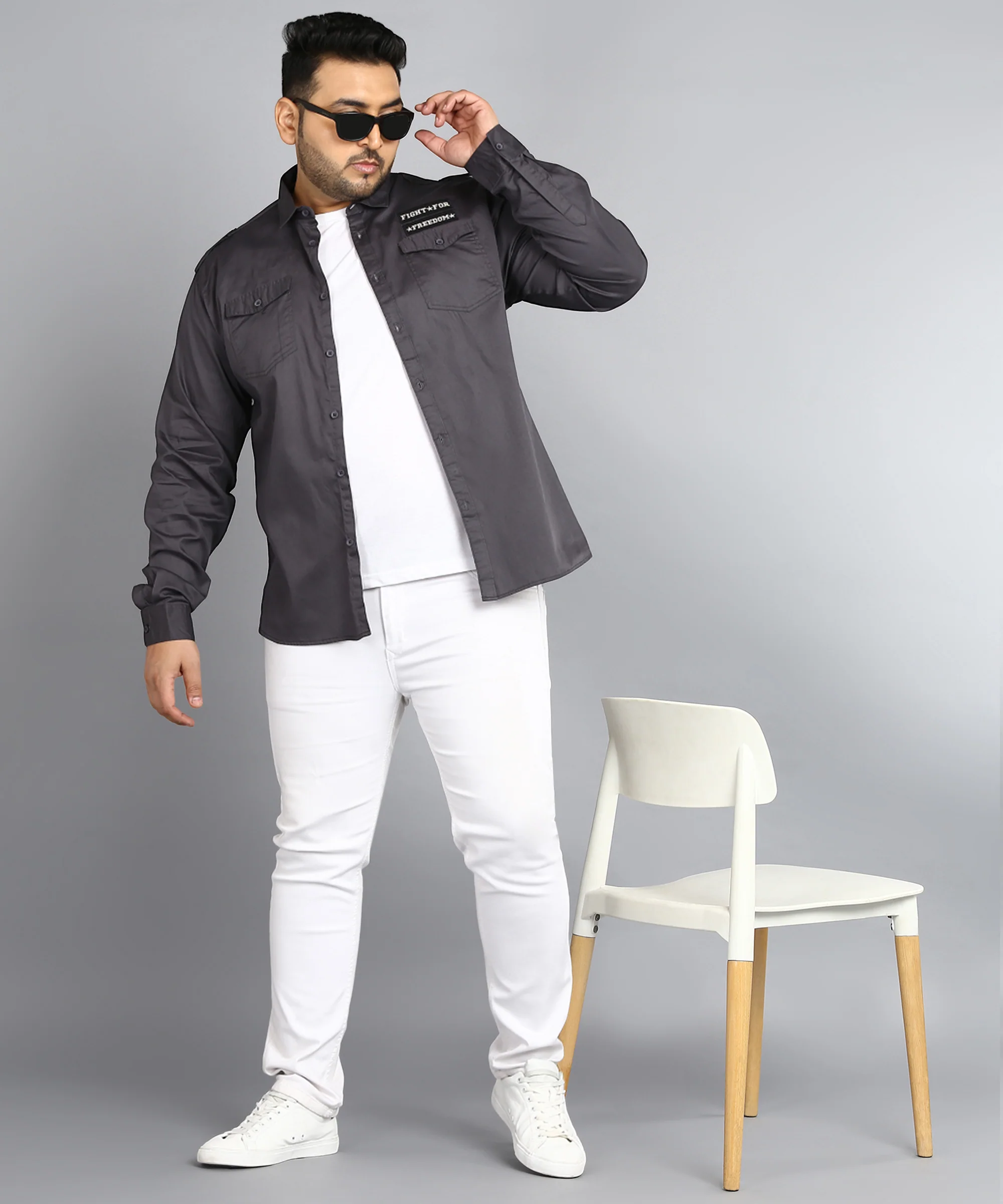 Plus Men's Grey Cotton Full Sleeve Regular Fit Casual Solid Shirt - Image 4