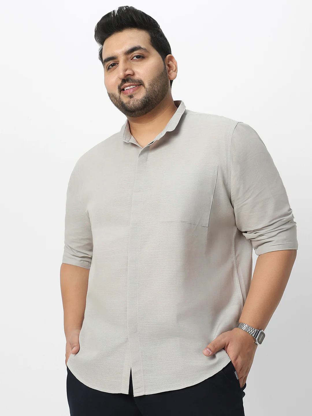 Men's Grey Cotton Full Sleeve Regular Fit Casual Solid Shirt with Band Collar - Image 2