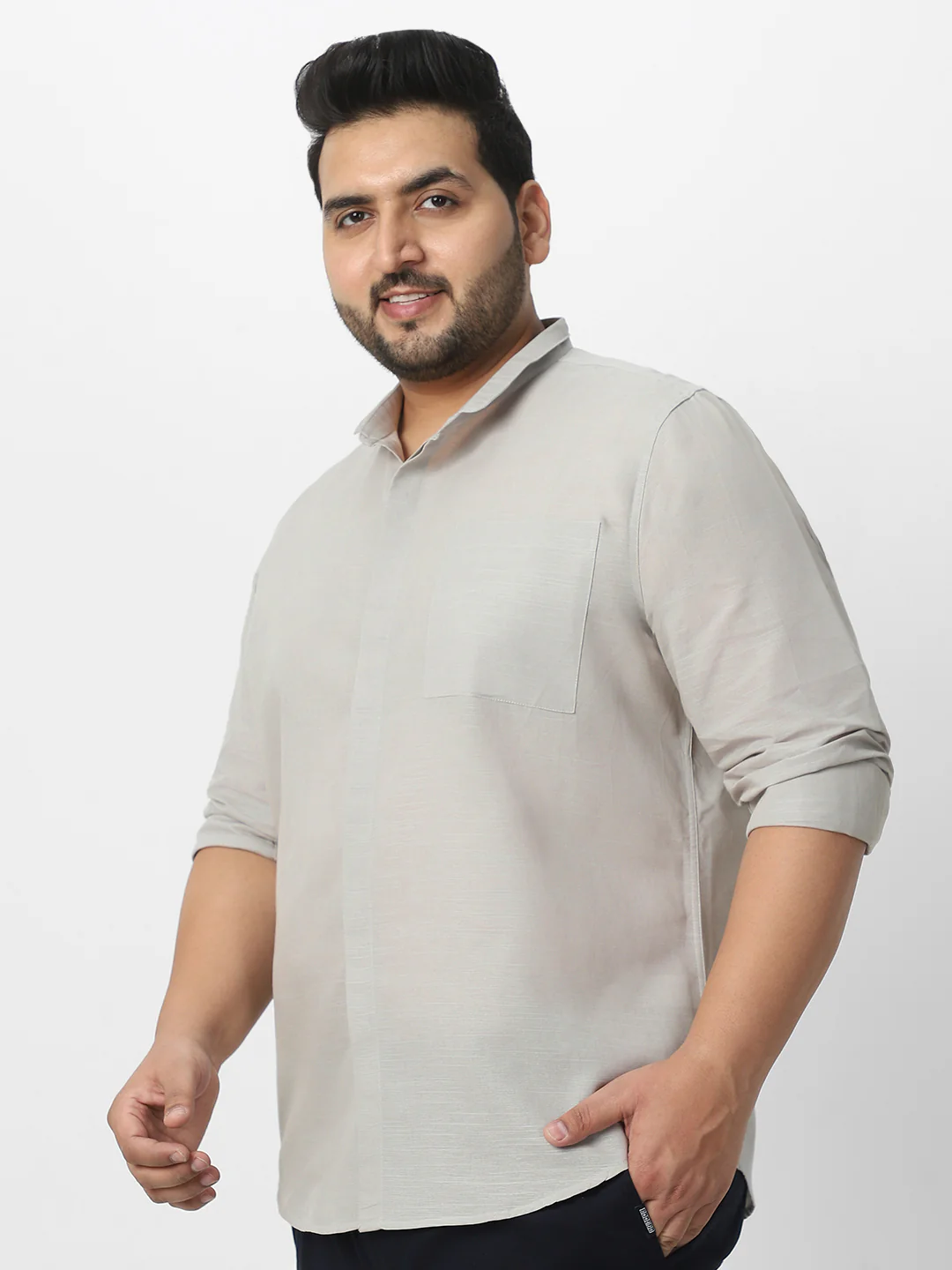 Men's Grey Cotton Full Sleeve Regular Fit Casual Solid Shirt with Band Collar - Image 3