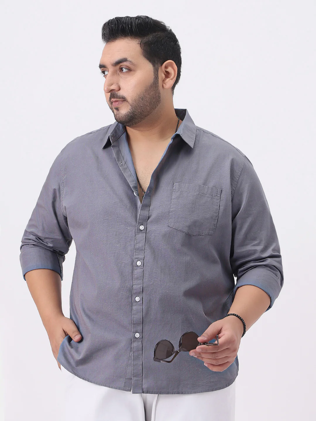 Plus Men's Grey Cotton Full Sleeve Regular Fit Casual Solid Slub Shirt with Spread Collar