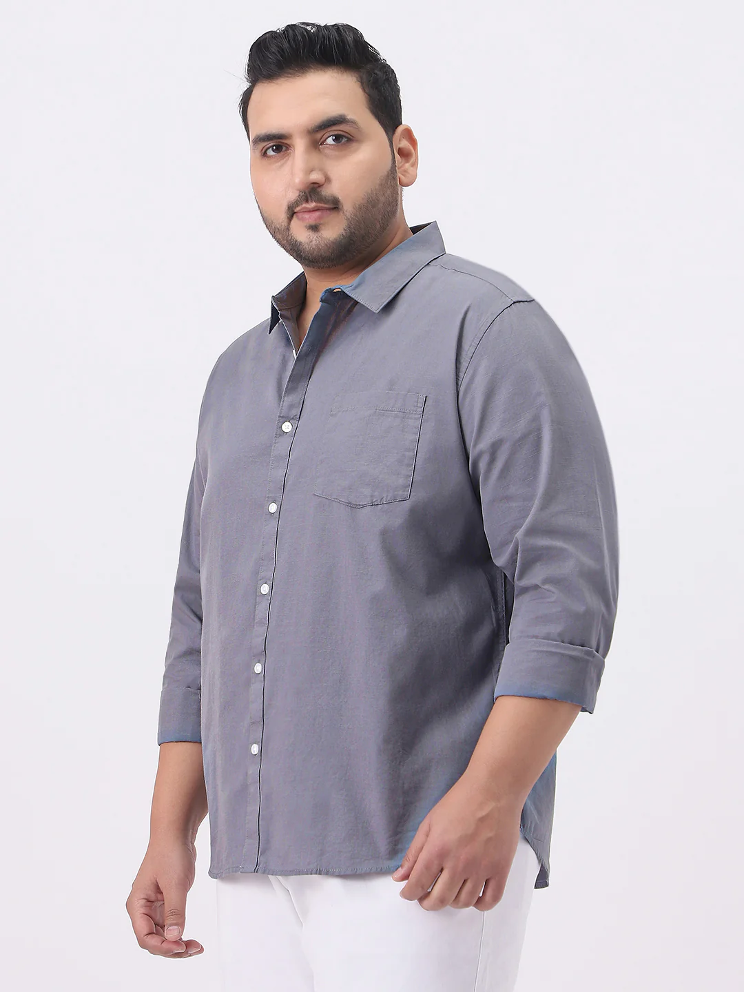 Plus Men's Grey Cotton Full Sleeve Regular Fit Casual Solid Slub Shirt with Spread Collar - Image 2