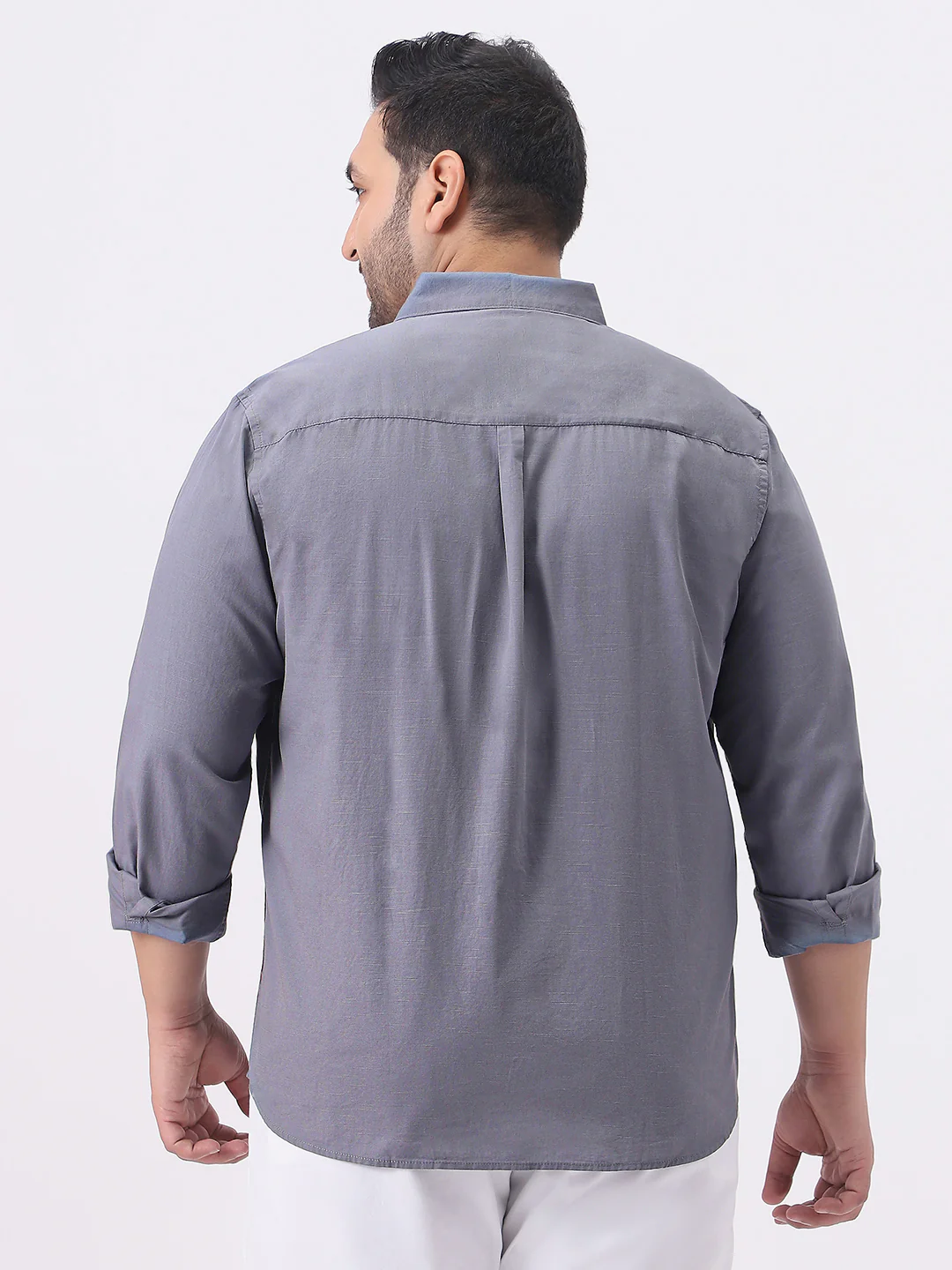 Plus Men's Grey Cotton Full Sleeve Regular Fit Casual Solid Slub Shirt with Spread Collar - Image 3