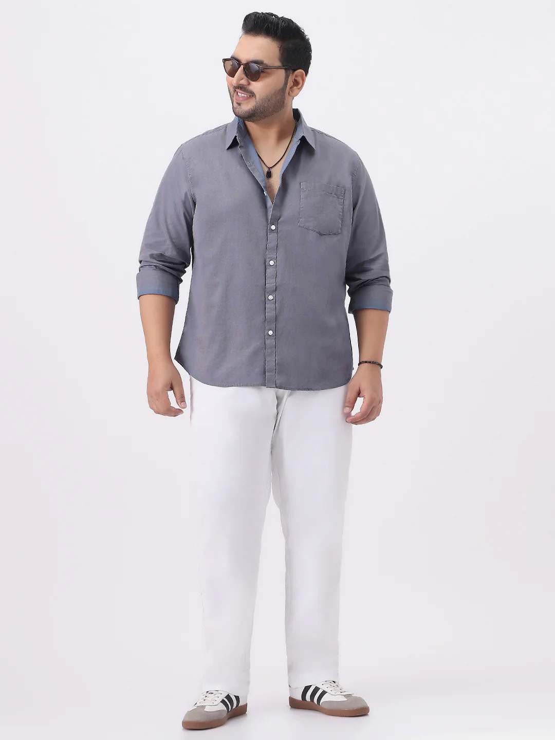 Plus Men's Grey Cotton Full Sleeve Regular Fit Casual Solid Slub Shirt with Spread Collar - Image 4