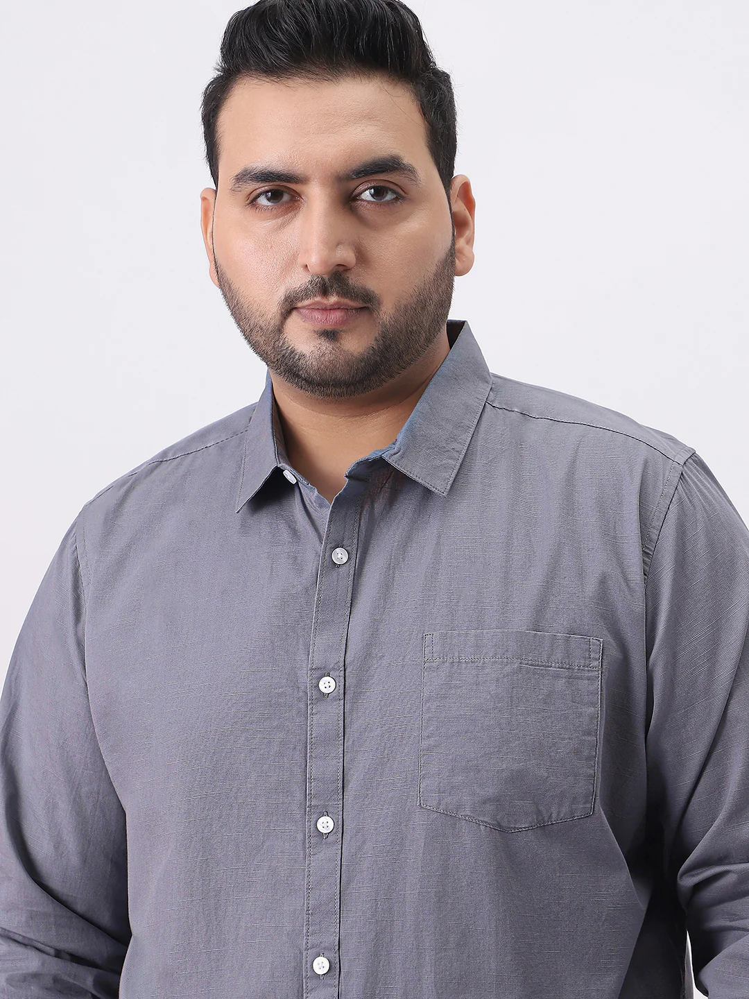 Plus Men's Grey Cotton Full Sleeve Regular Fit Casual Solid Slub Shirt with Spread Collar - Image 5