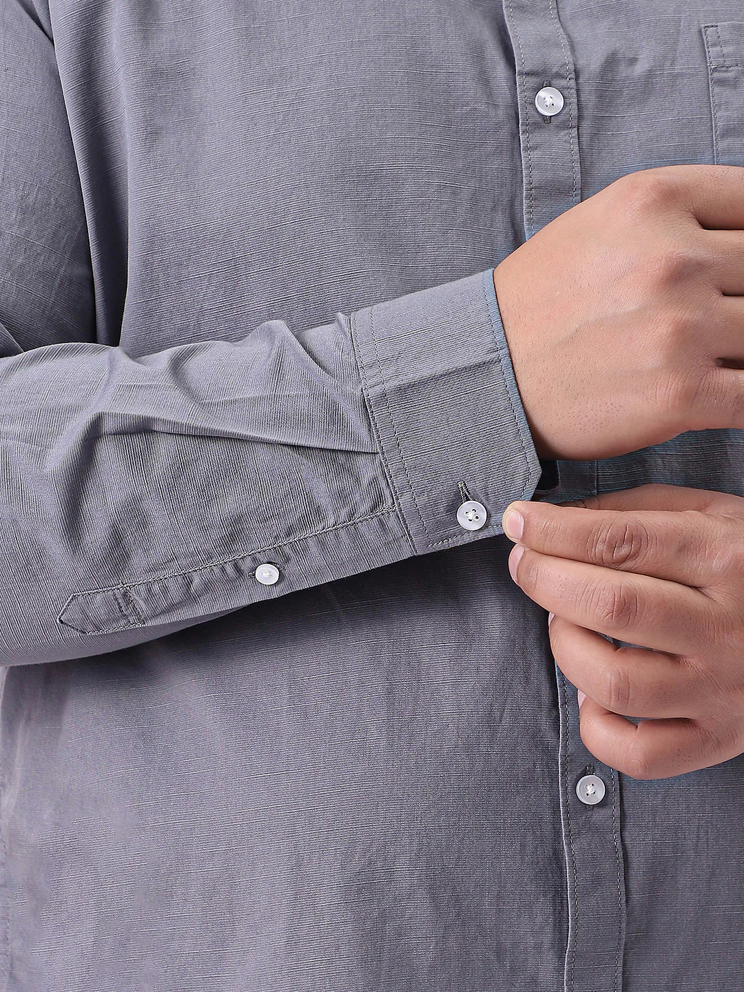 Plus Men's Grey Cotton Full Sleeve Regular Fit Casual Solid Slub Shirt with Spread Collar - Image 6