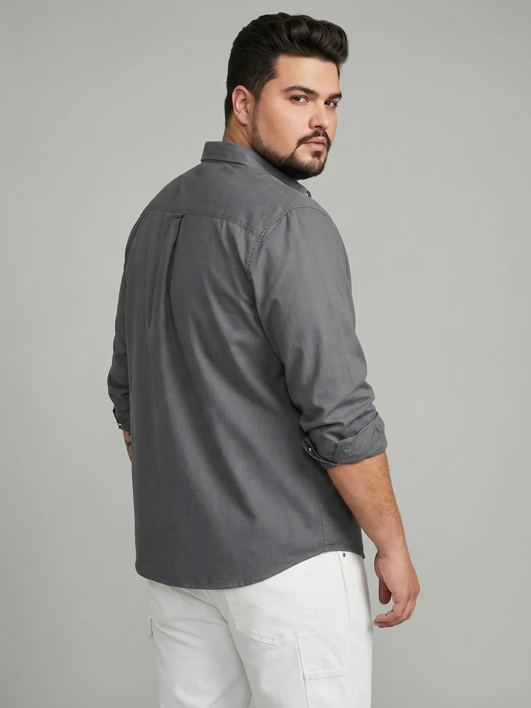 Plus Men's Grey Cotton Full Sleeve Regular Fit Solid Oxford Shirt With Button-Down Collar - Image 3