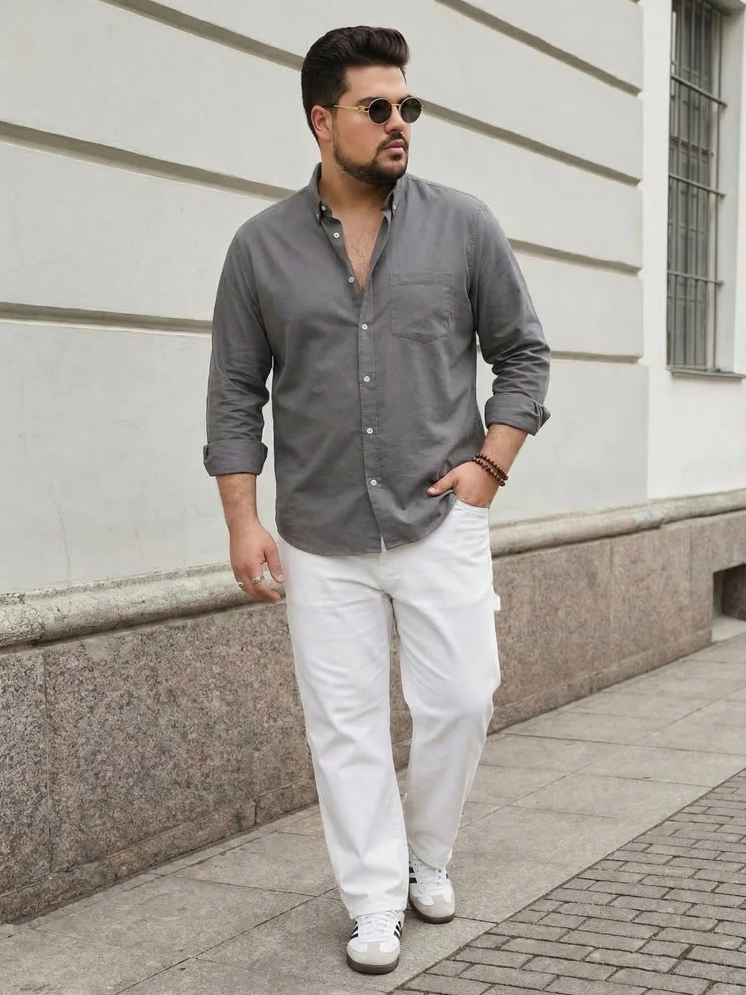Plus Men's Grey Cotton Full Sleeve Regular Fit Solid Oxford Shirt With Button-Down Collar - Image 4
