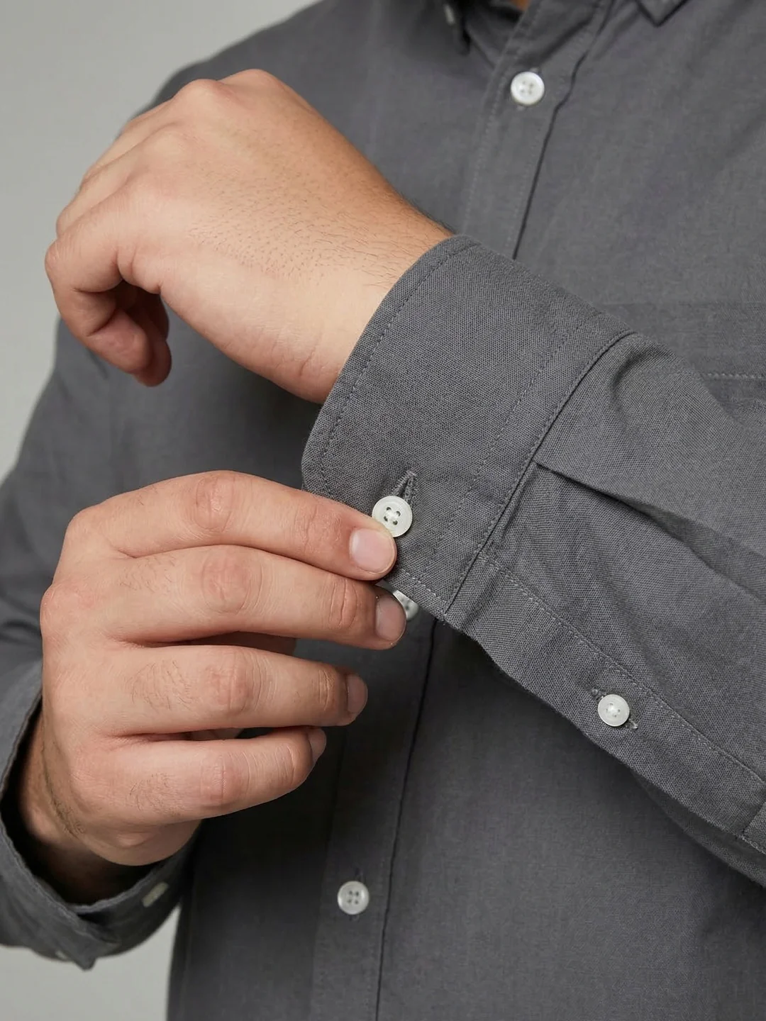 Plus Men's Grey Cotton Full Sleeve Regular Fit Solid Oxford Shirt With Button-Down Collar - Image 5