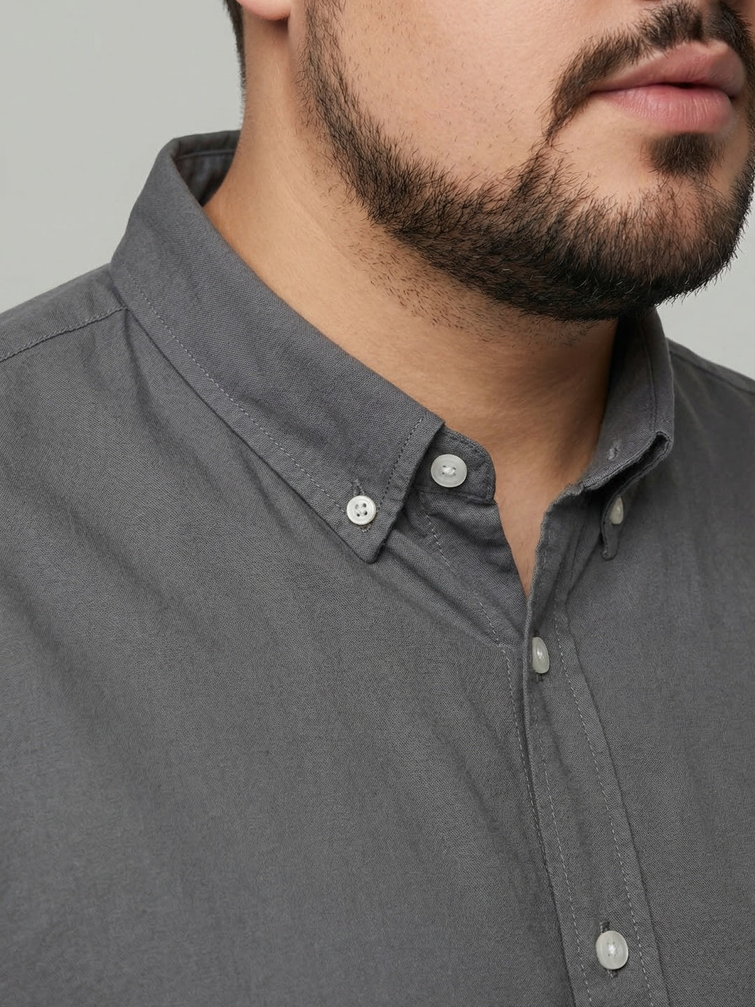 Plus Men's Grey Cotton Full Sleeve Regular Fit Solid Oxford Shirt With Button-Down Collar - Image 6