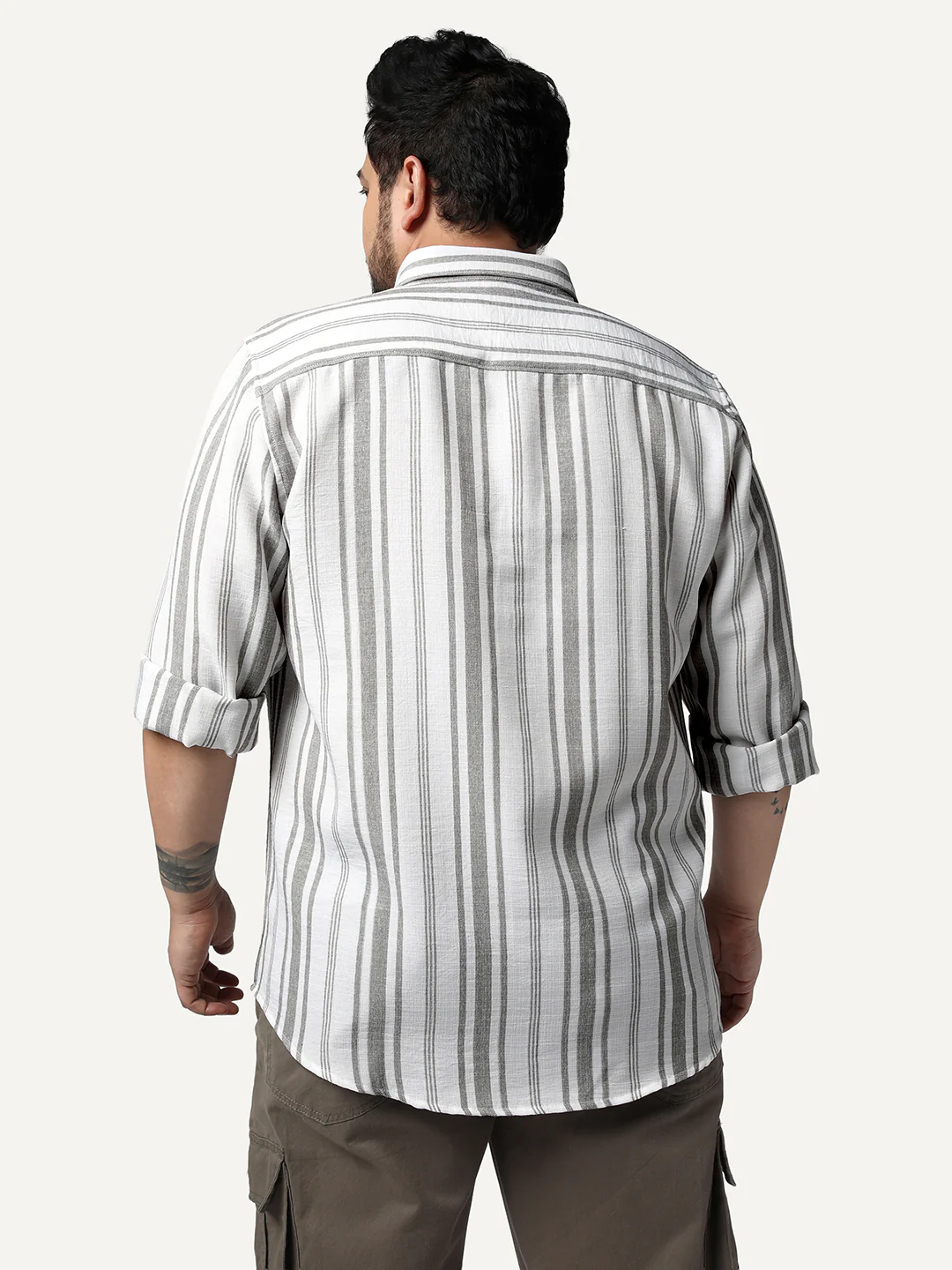 Plus Men's Grey Cotton Full Sleeve Relaxed Fit Linen Striped Shirt with Spread Collar - Image 3