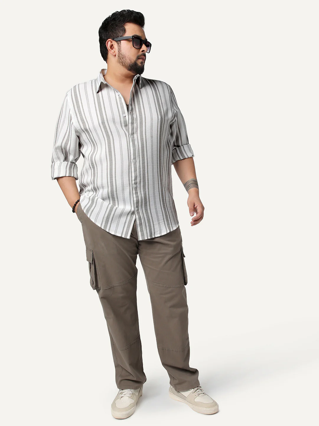 Plus Men's Grey Cotton Full Sleeve Relaxed Fit Linen Striped Shirt with Spread Collar - Image 4