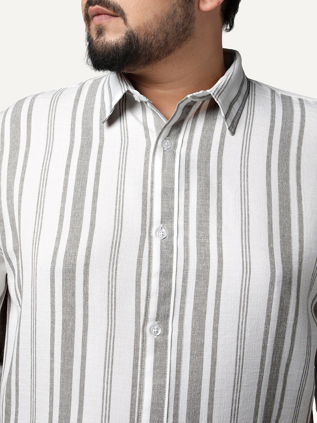 Plus Men's Grey Cotton Full Sleeve Relaxed Fit Linen Striped Shirt with Spread Collar - Image 5