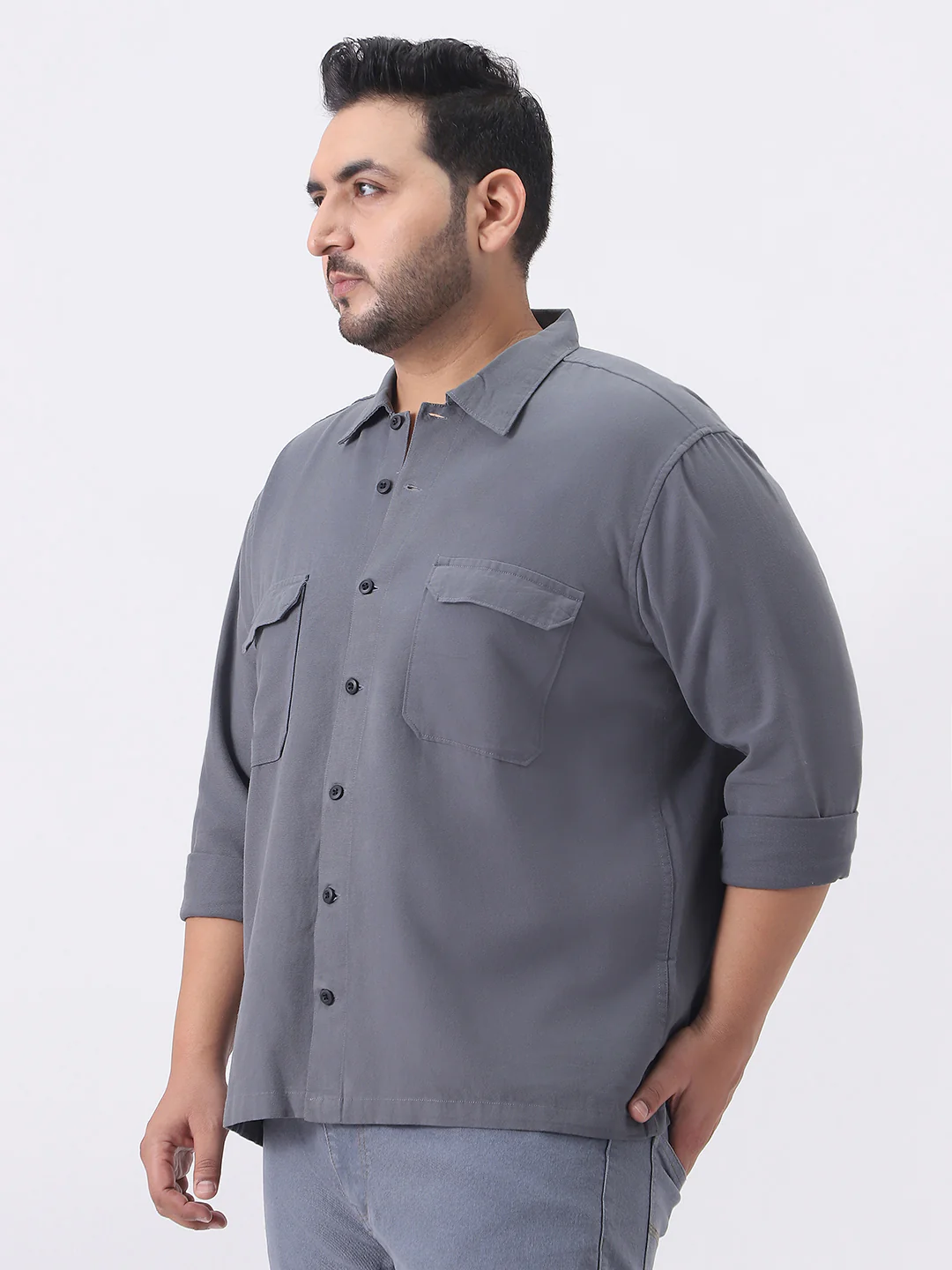Plus Men's Grey Cotton Full Sleeve Relaxed Fit Shacket with Utility Pockets - Image 2