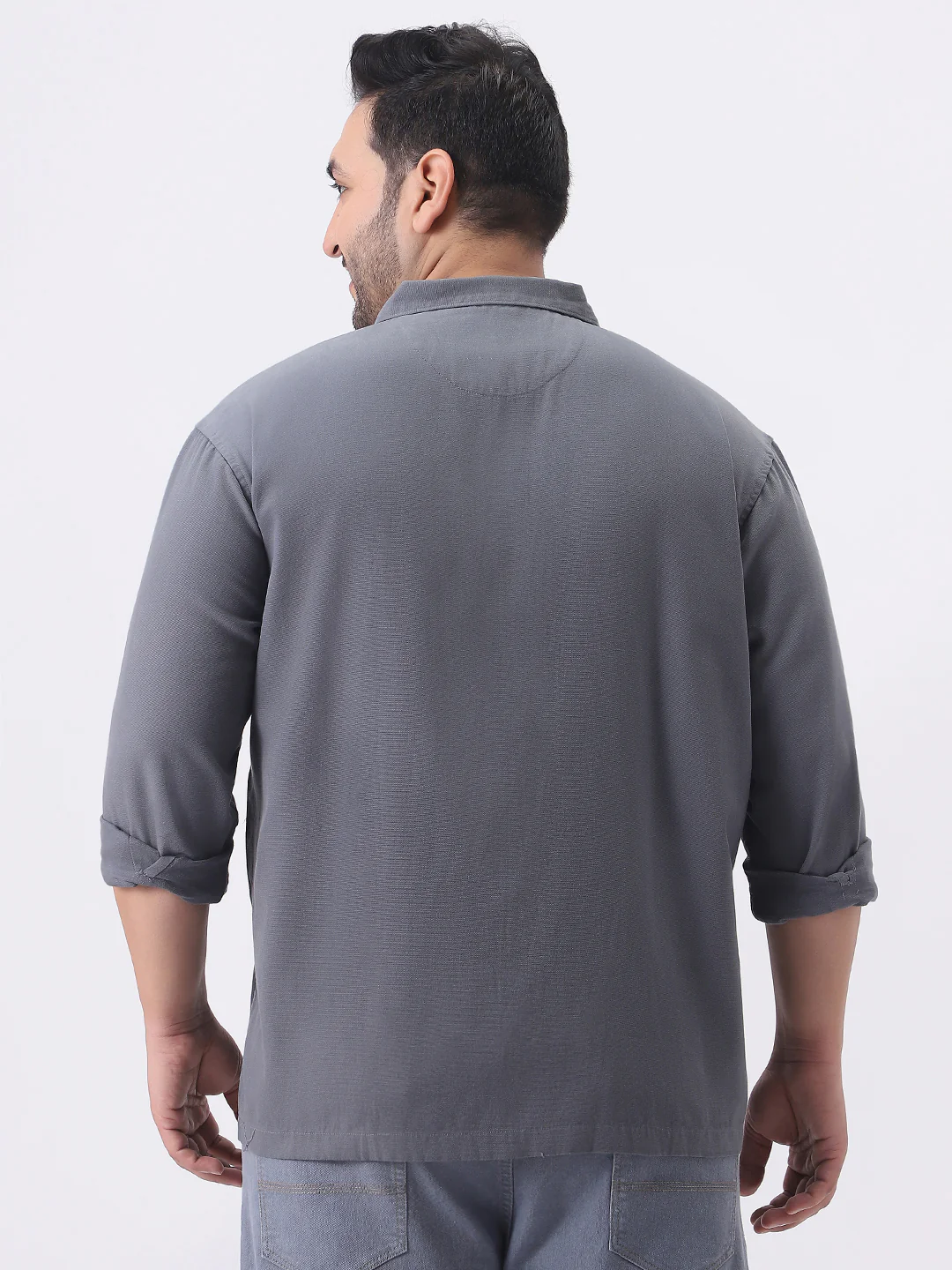 Plus Men's Grey Cotton Full Sleeve Relaxed Fit Shacket with Utility Pockets - Image 3