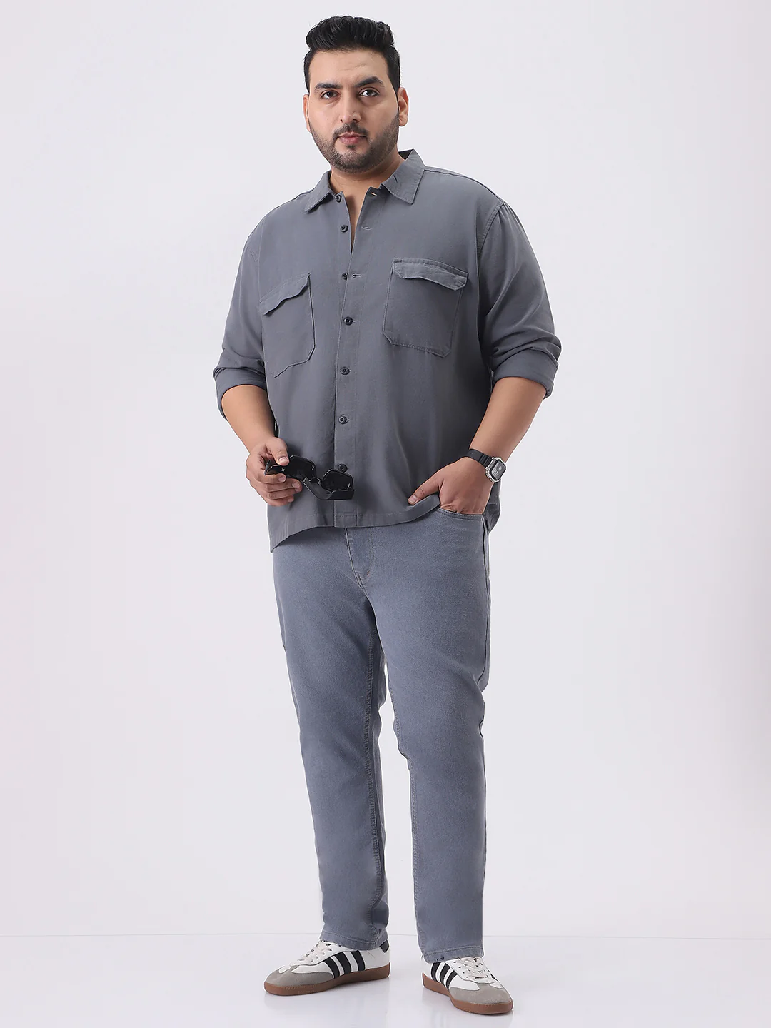 Plus Men's Grey Cotton Full Sleeve Relaxed Fit Shacket with Utility Pockets - Image 4
