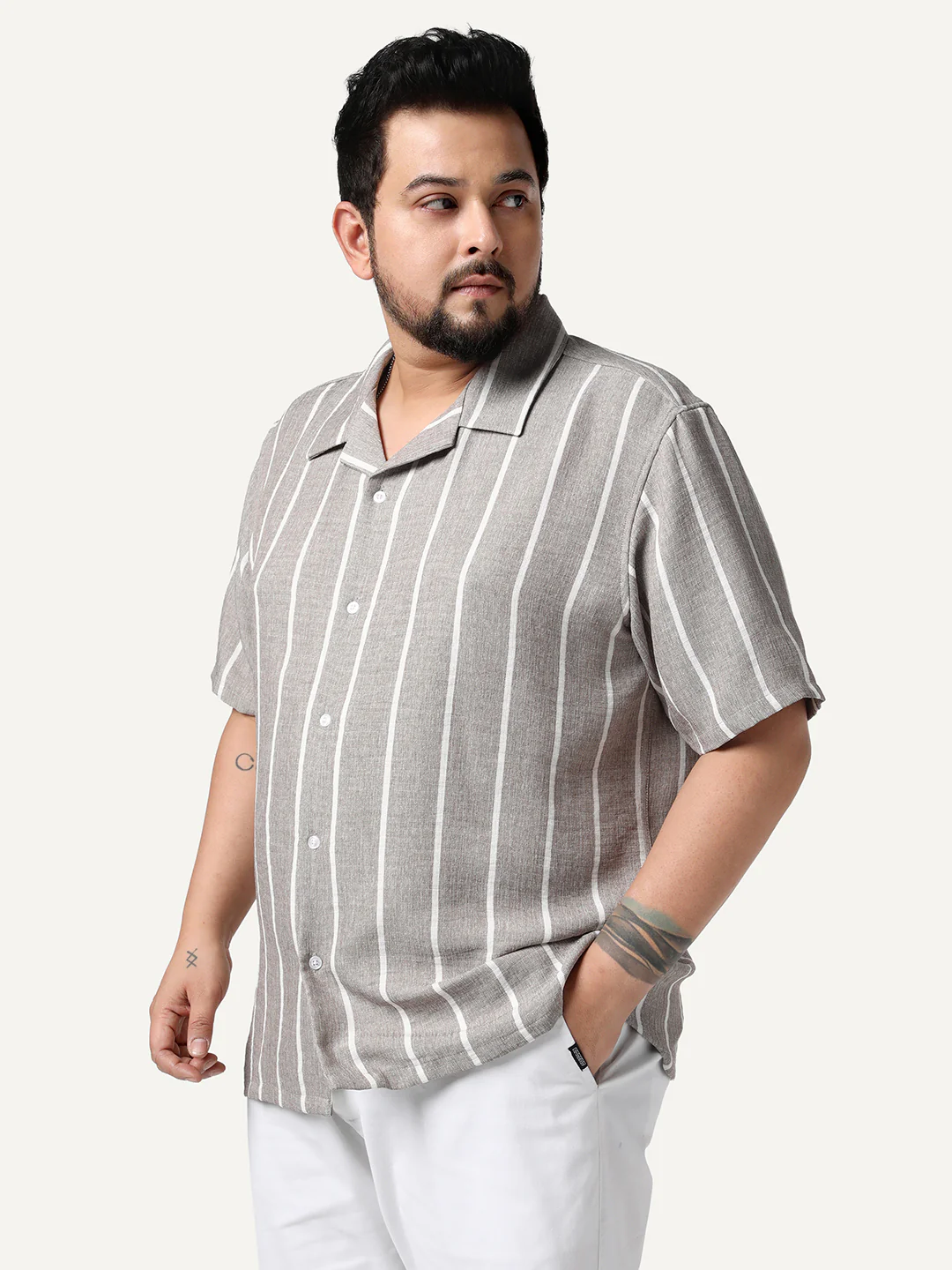 Plus Men's Grey Cotton Half Sleeve Relaxed Fit Linen Striped Shirt with Cuban Collar - Image 2