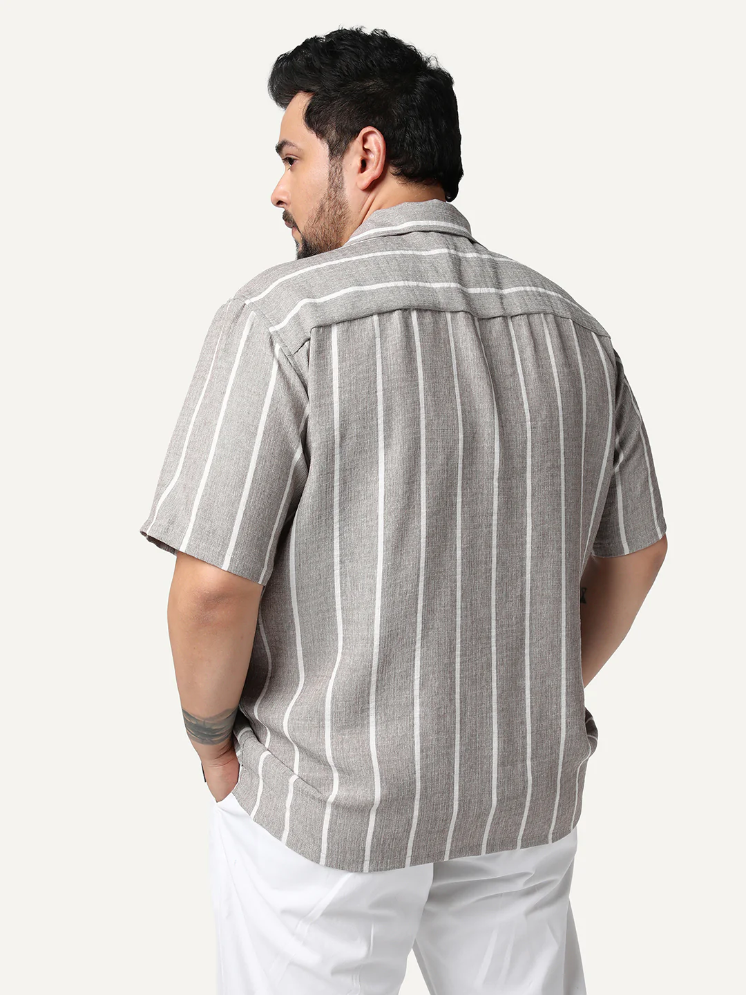 Plus Men's Grey Cotton Half Sleeve Relaxed Fit Linen Striped Shirt with Cuban Collar - Image 3