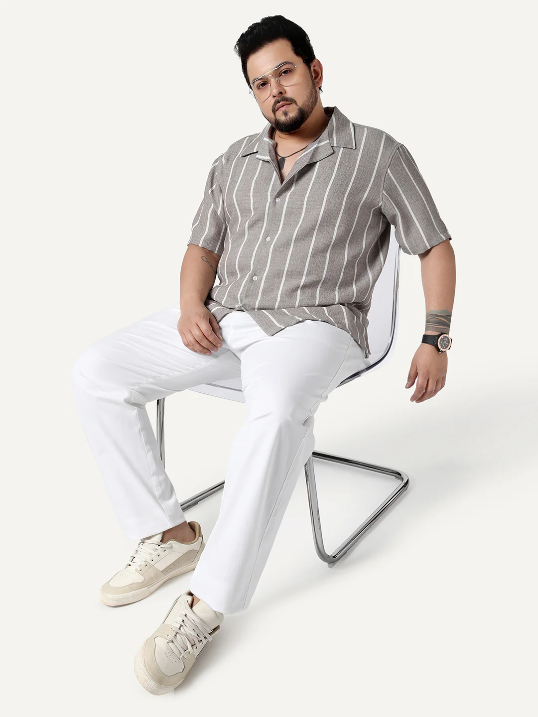 Plus Men's Grey Cotton Half Sleeve Relaxed Fit Linen Striped Shirt with Cuban Collar - Image 4