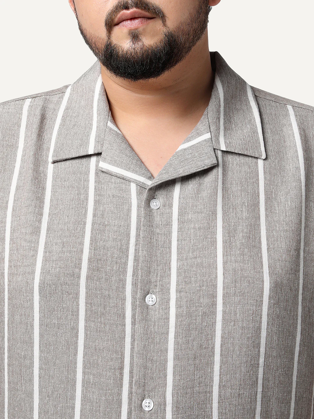 Plus Men's Grey Cotton Half Sleeve Relaxed Fit Linen Striped Shirt with Cuban Collar - Image 5