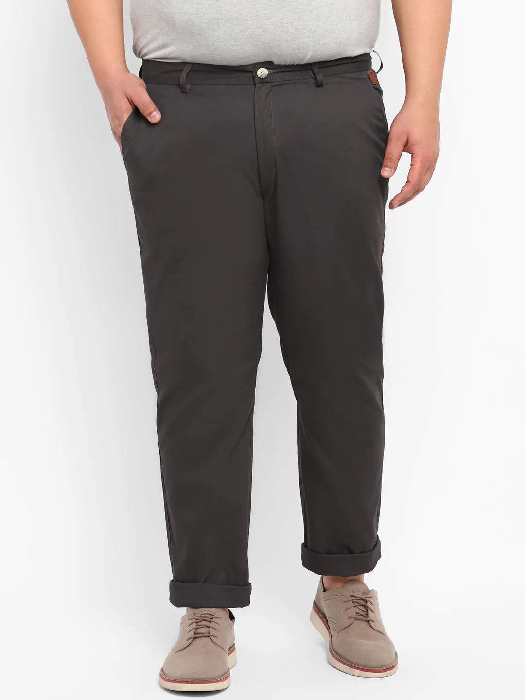Plus Men's Grey Cotton Regular Fit Casual Chinos Trousers - Image 2