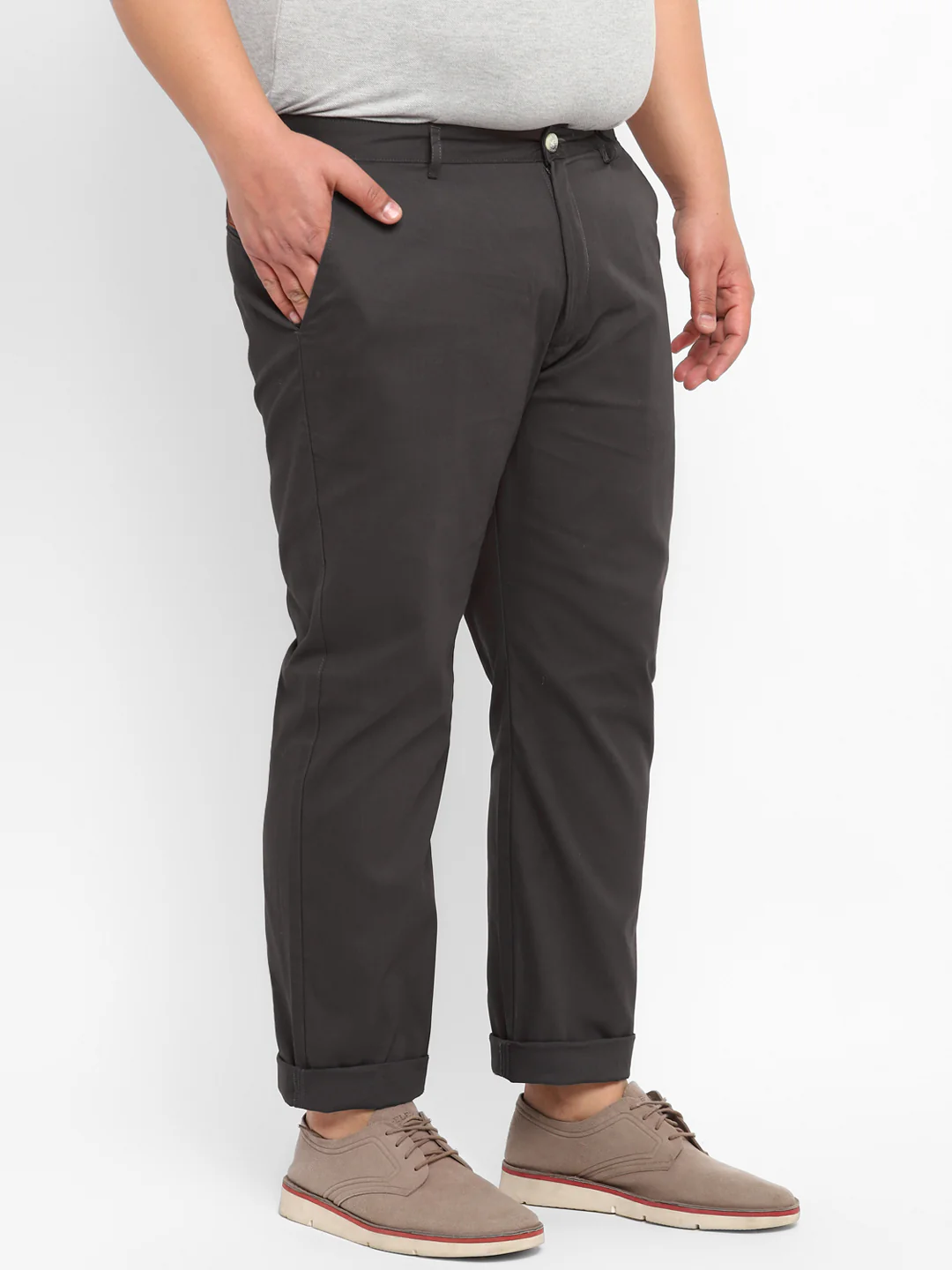 Plus Men's Grey Cotton Regular Fit Casual Chinos Trousers - Image 3